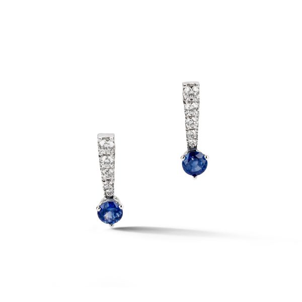 Sapphire drop earrings with graduated castle set diamonds in 14k white gold