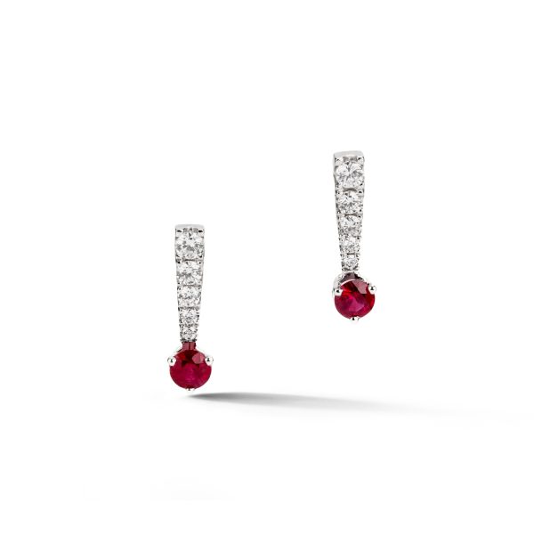 Ruby drop earrings with graduated castle set diamonds in 14k white gold