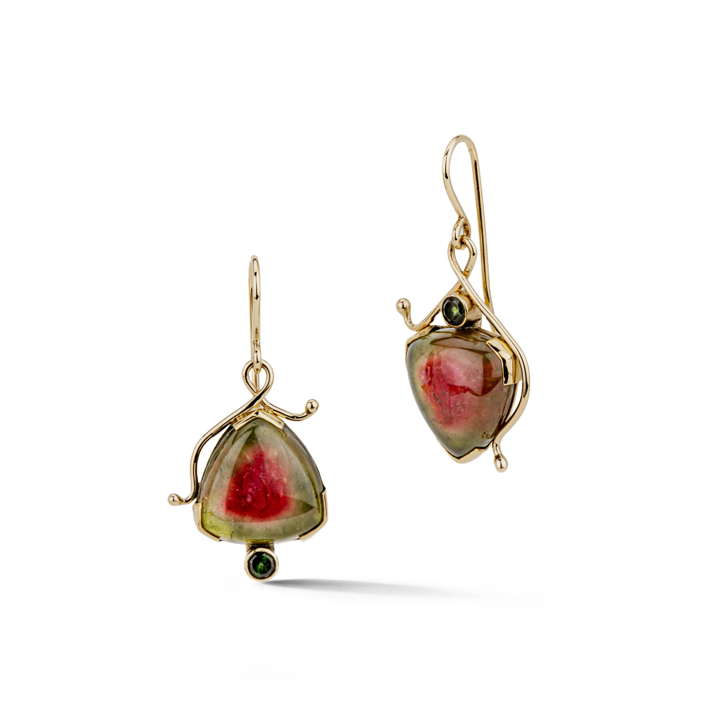 14k/18k yellow gold earrings with watermelon tourmaline slices, green tourmaline accents, and tendril detailing on French wires