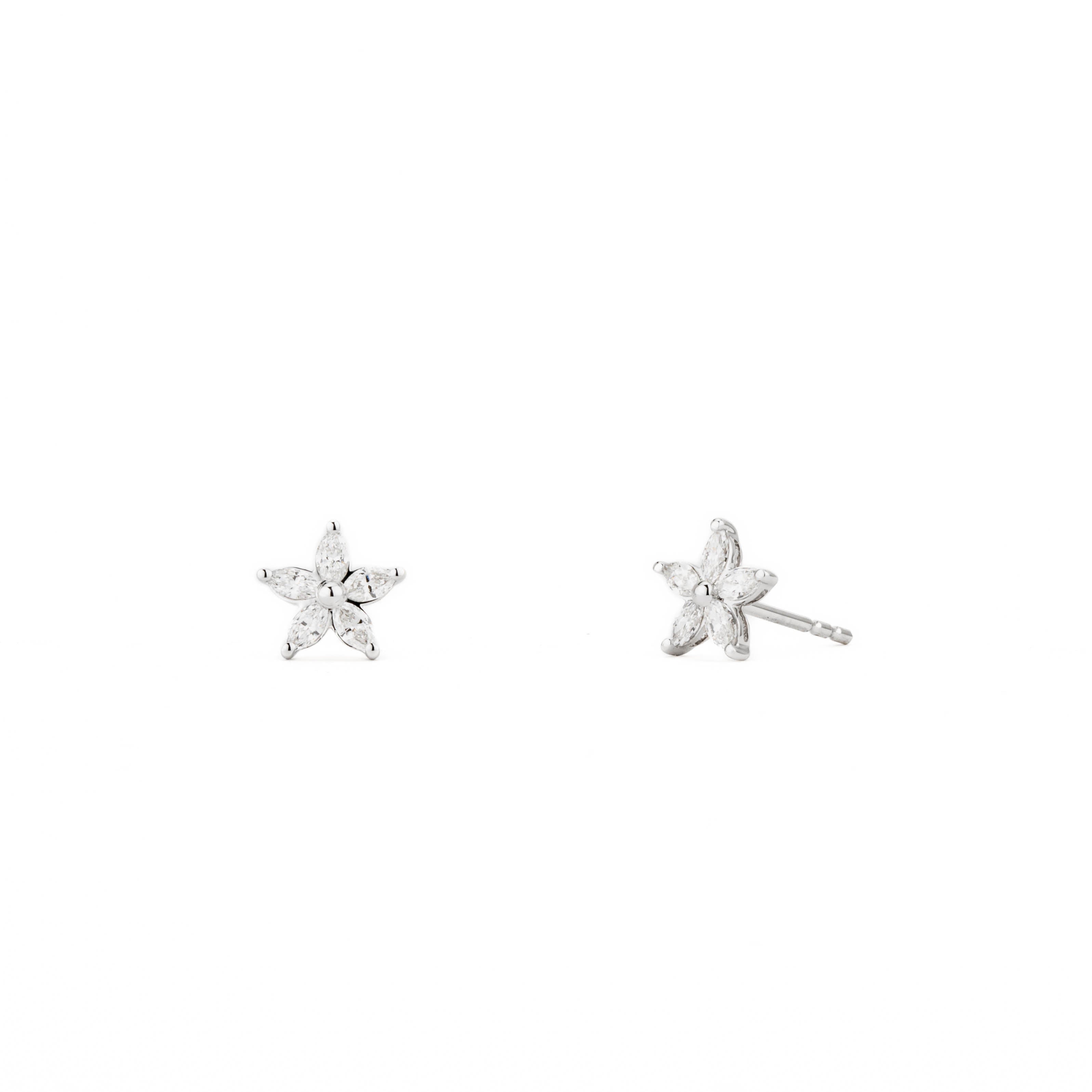 14k white gold star stud earrings featuring five marquise-cut diamonds totaling 0.44 carats