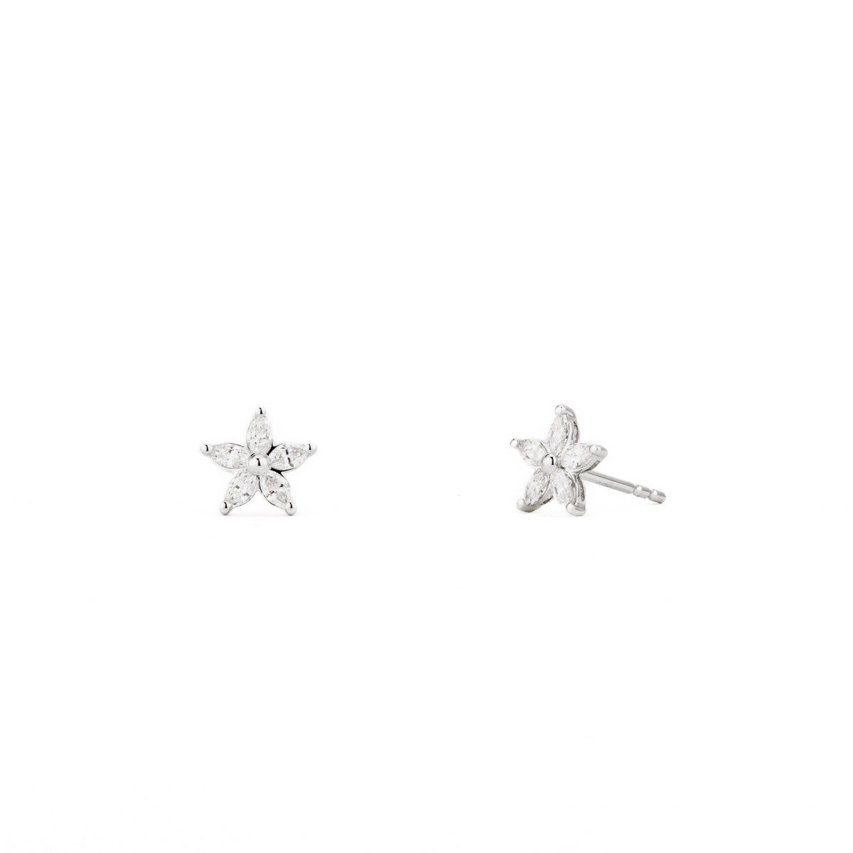 14k white gold star stud earrings featuring five marquise-cut diamonds totaling 0.44 carats