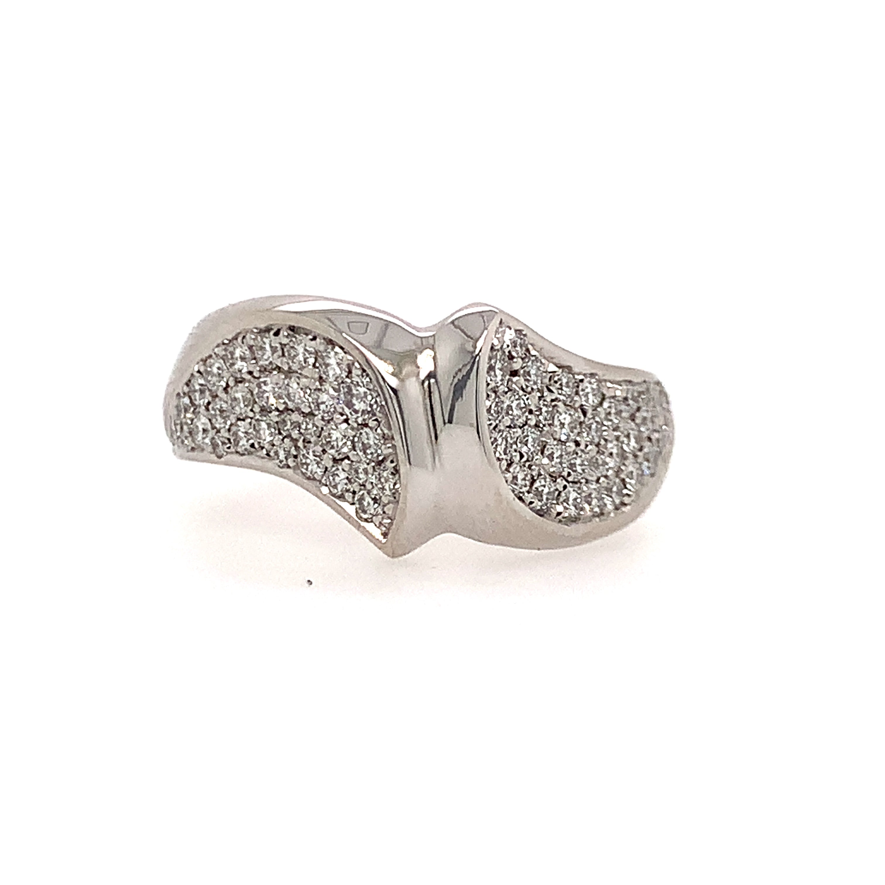 14k white gold bypass ring with pavé-set diamond wings, 61 diamonds at 0.50ct total weigh