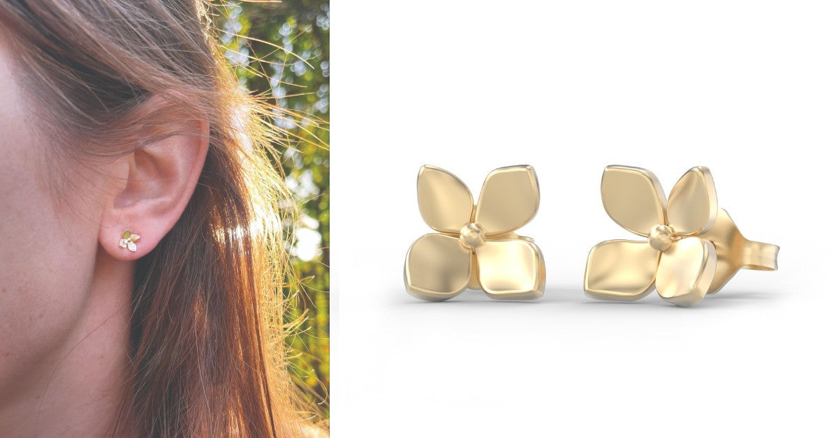 left image of woman wearing petal earrings and right image of earrings