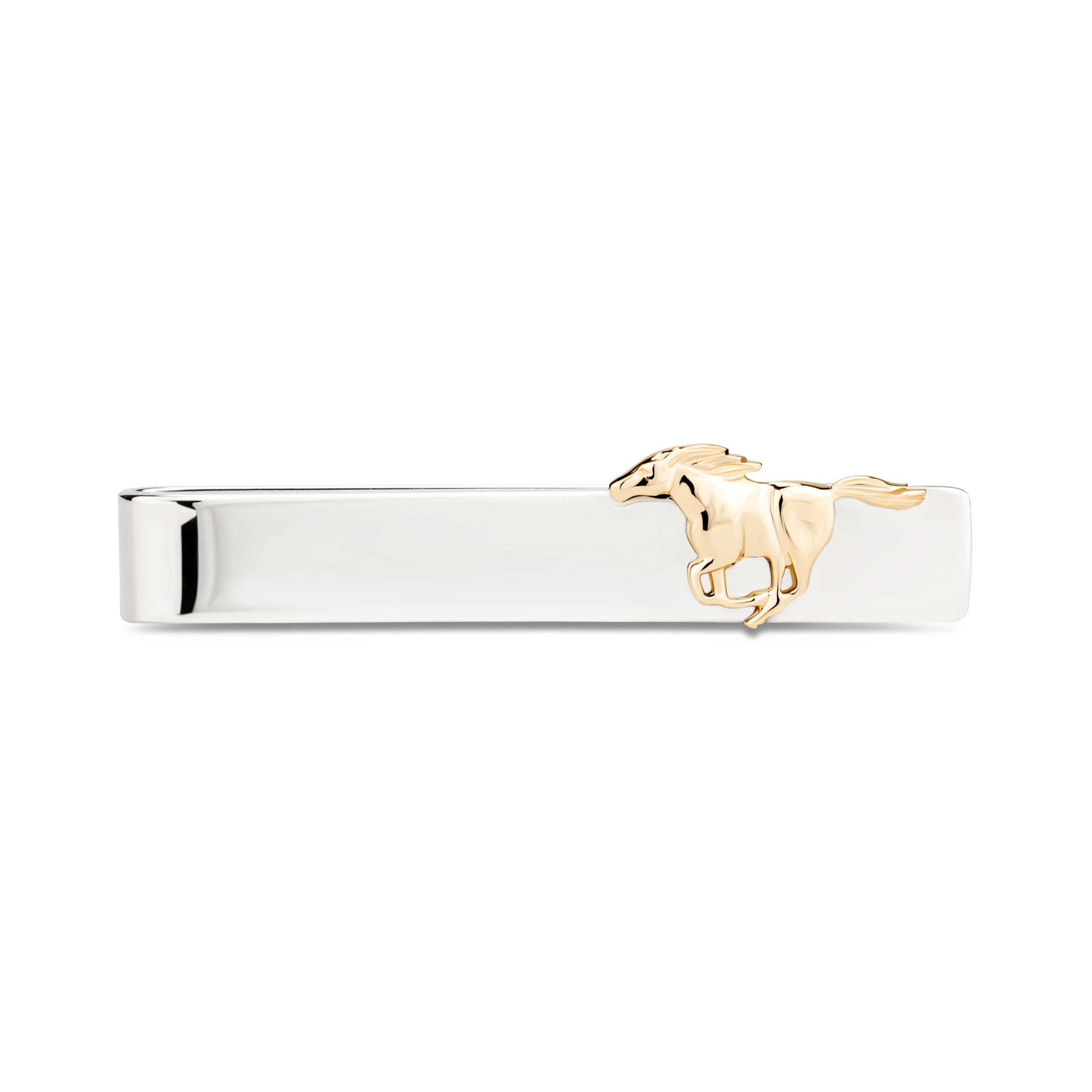 Polished sterling silver tie bar with 14k yellow gold running horse accent