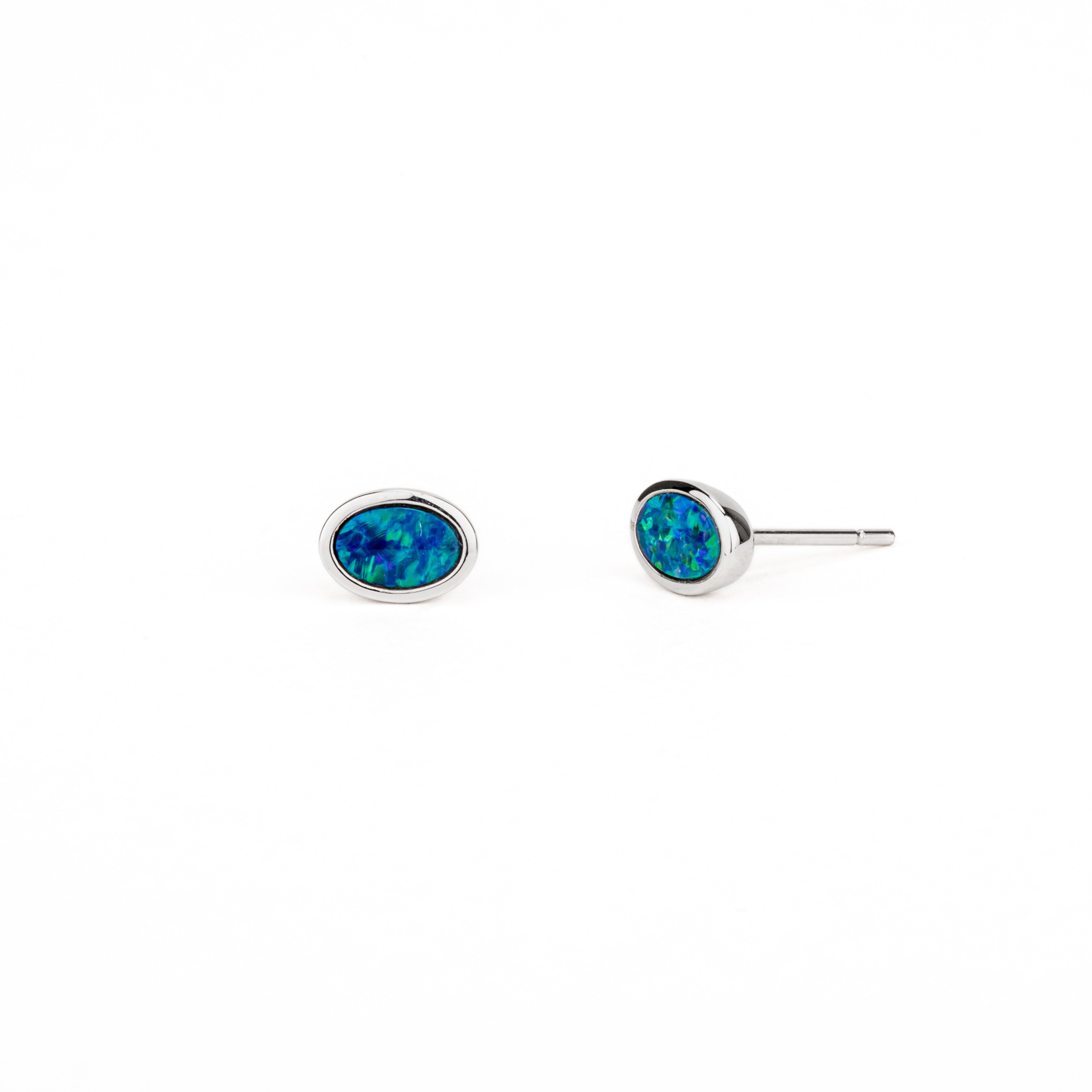 14k white gold bezel-set oval opal doublet stud earrings