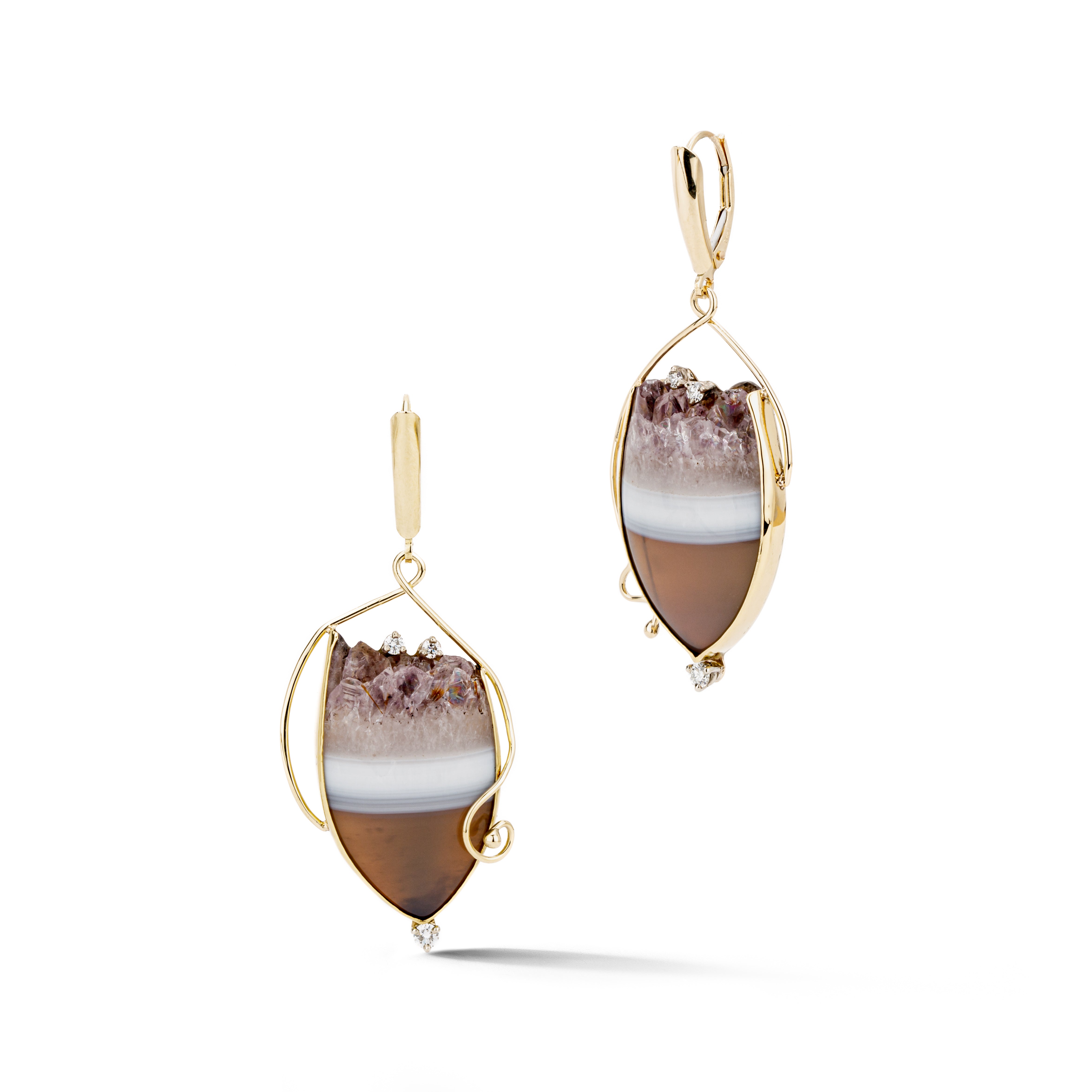 Custom one-of-a-kind 14k and 18k yellow gold earrings featuring amethyst agate slices with raw crystal crowns, hidden ash chambers, diamond accents, and hand-forged tendril settings on lever backs