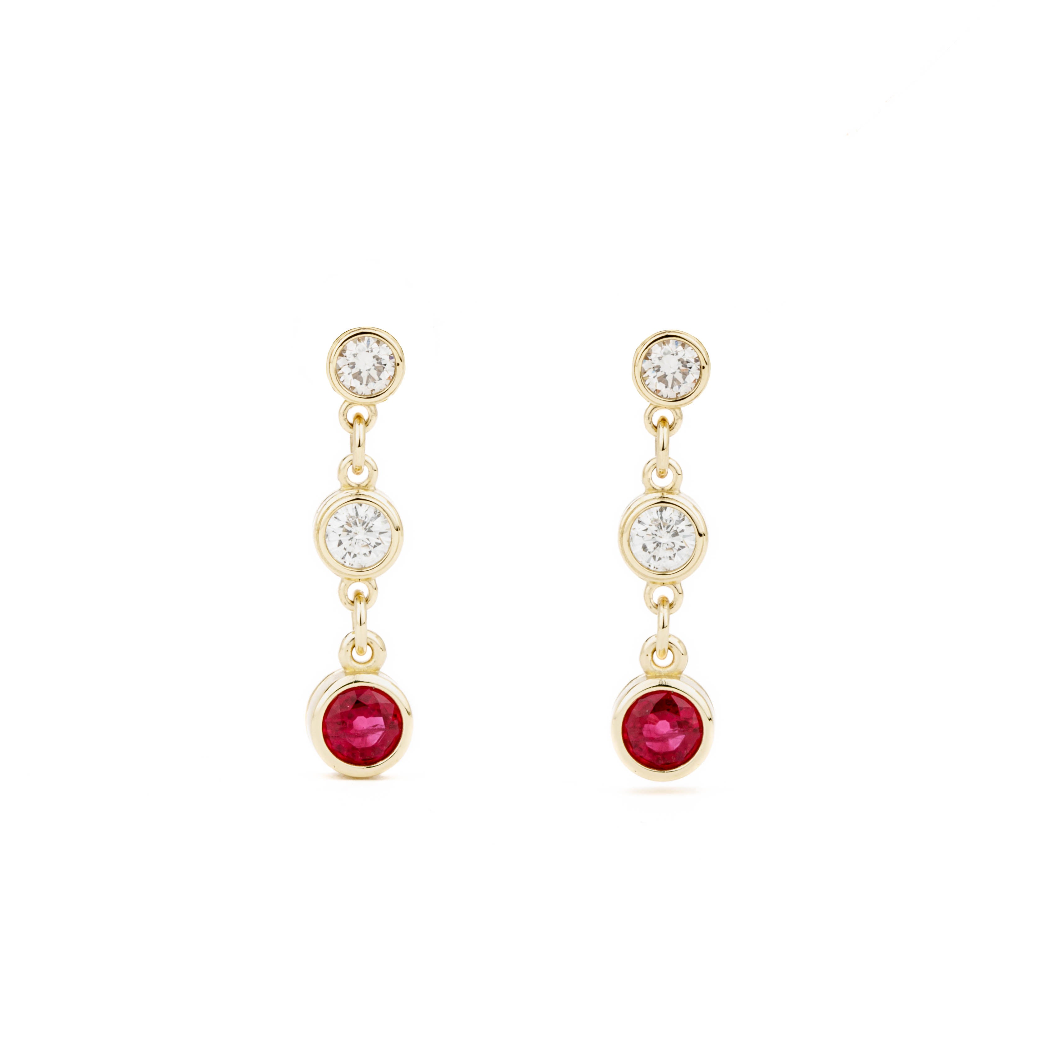 Ruby and diamond drop earrings in 14k yellow gold