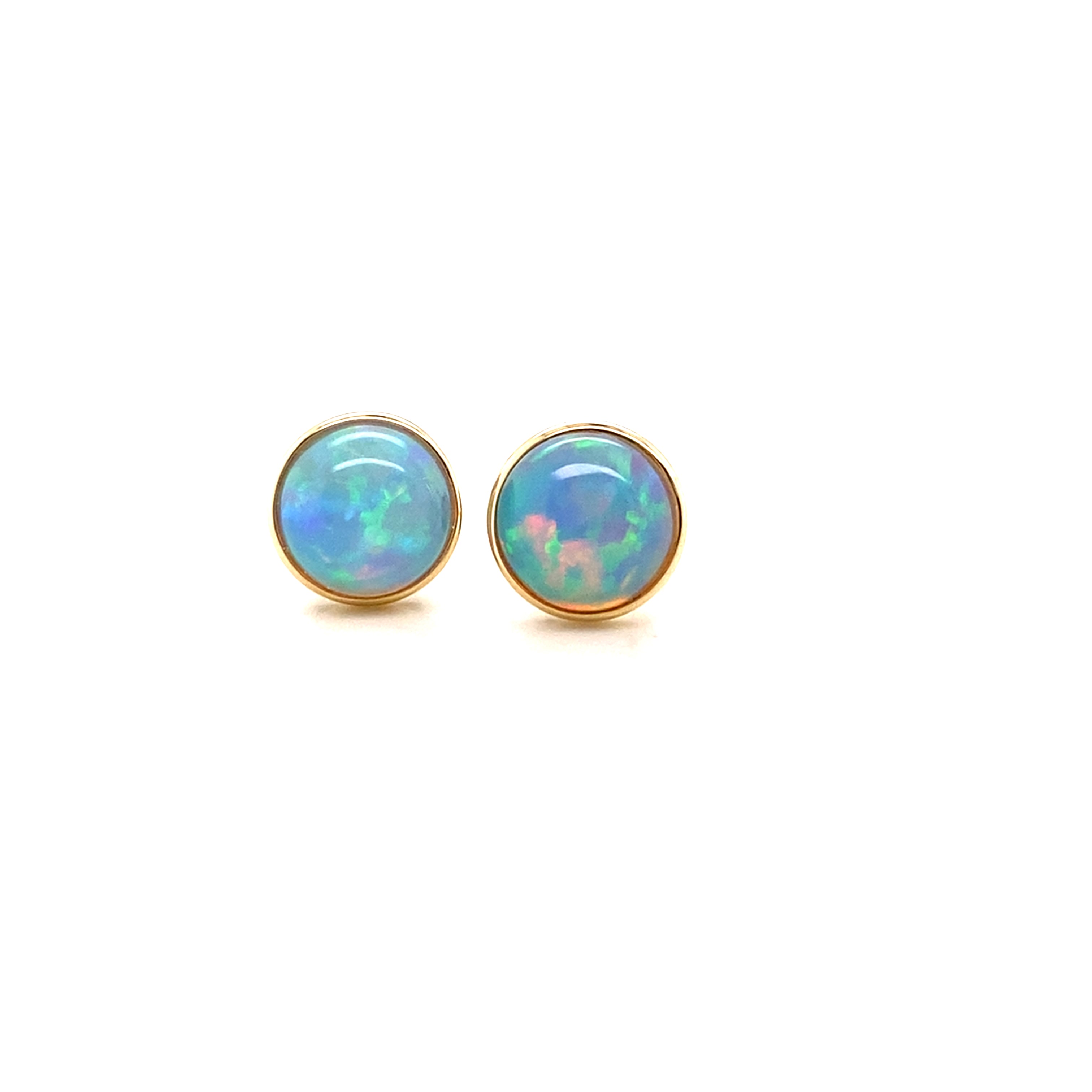  14k yellow gold bezel-set round Ethiopian opal stud earrings