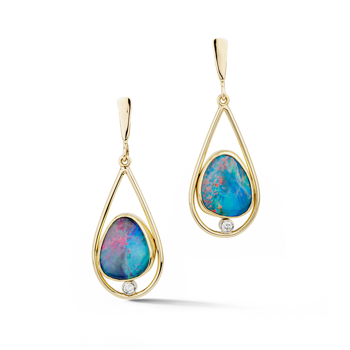 One-of-a-kind gold teardrop earrings with bezel-set opal doublets and round diamond accents