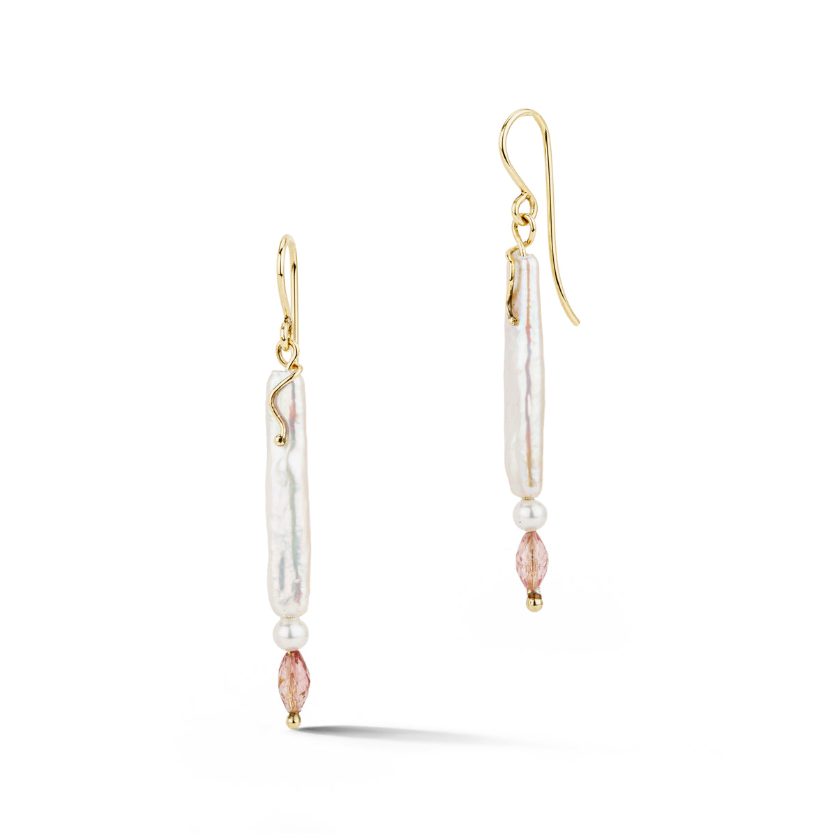 Pair of 14k yellow gold drop earrings with long white stick pearls, a small freshwater pearl, pink tourmaline beads, and gold tendril accents on French ear wires