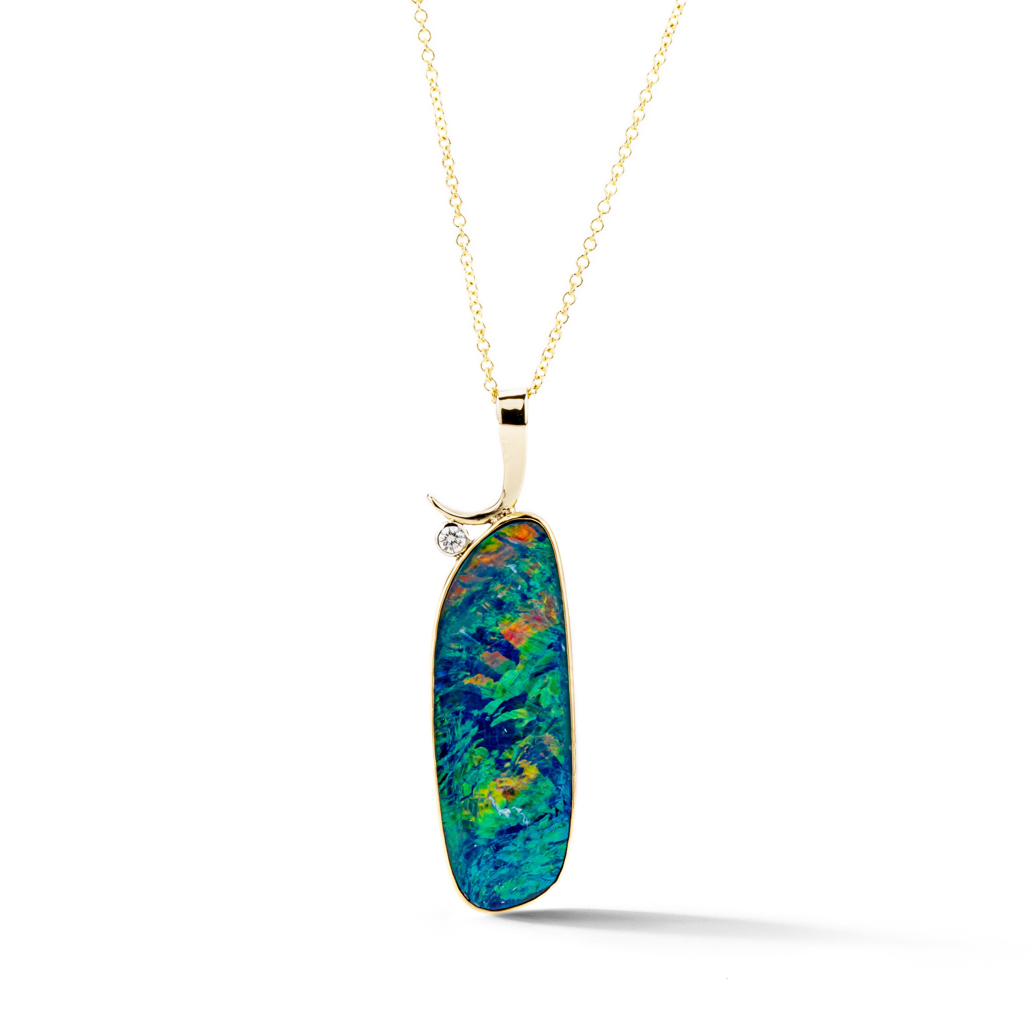 One-of-a-kind 22k and 14k yellow gold pendant featuring a customer's 11.49ct opal doublet in a 22k bezel setting with a bezel-set round diamond accent and hand-made bail