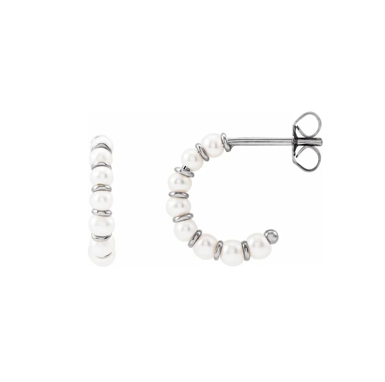 Freshwater pearl hoop earrings with 14k white gold rondel spacers, small hoop style with post backing