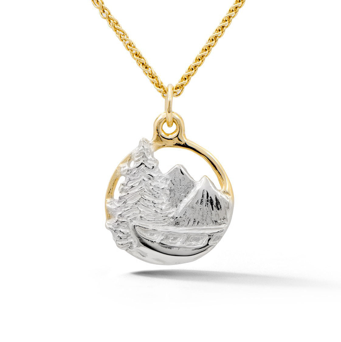 14k yellow and white gold Adirondack mountain pendant with pine tree and canoe design from our Saratoga Collection