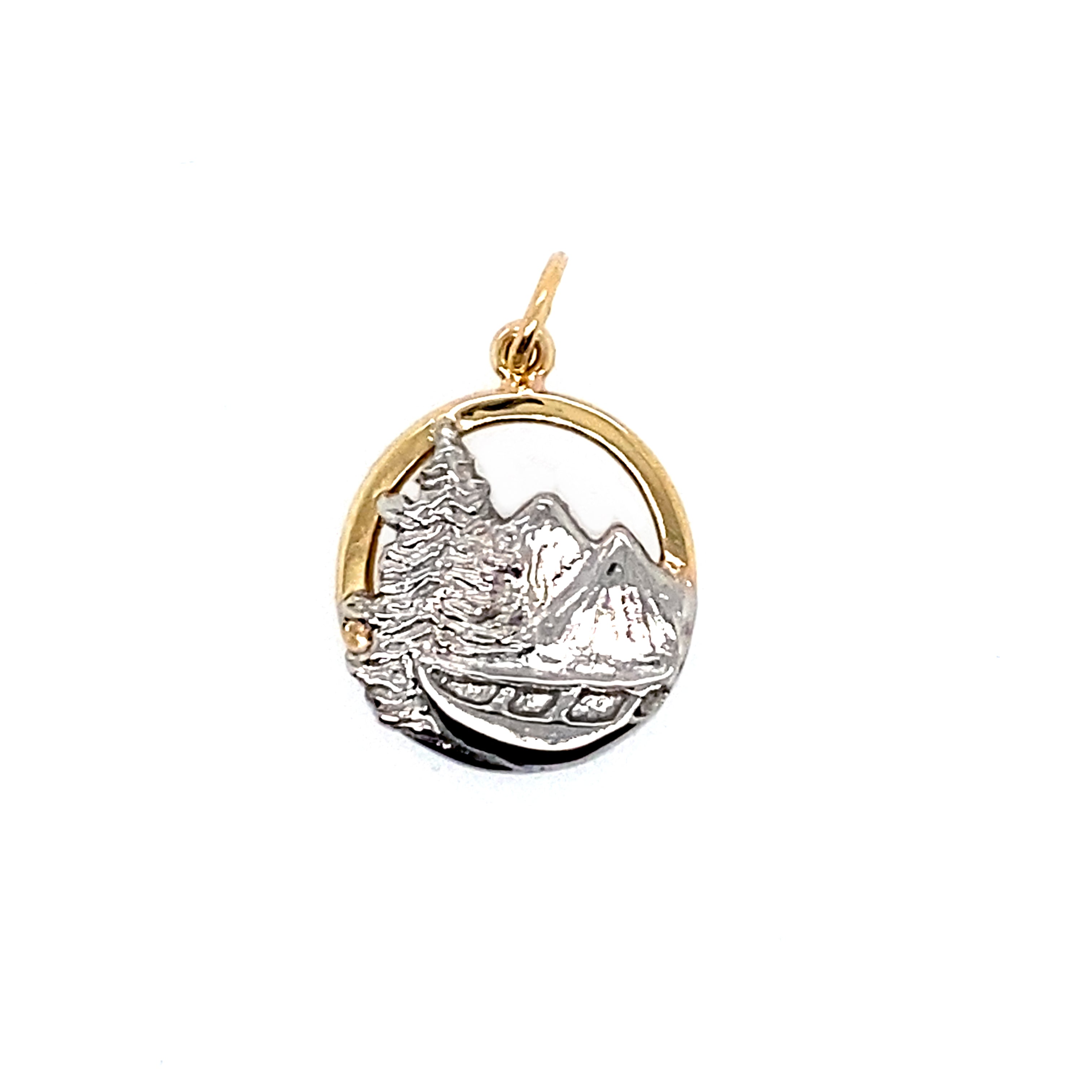 14k white and yellow gold Adirondack mountain pendant with pine tree and canoe design from our Saratoga Collection
