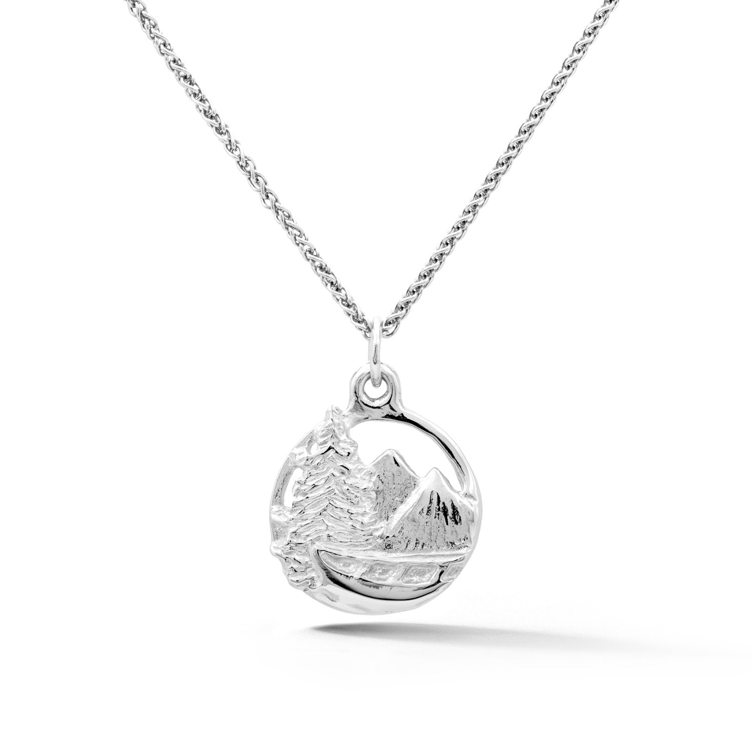  Sterling silver Adirondack mountain pendant with pine tree and canoe design from our Saratoga Collection