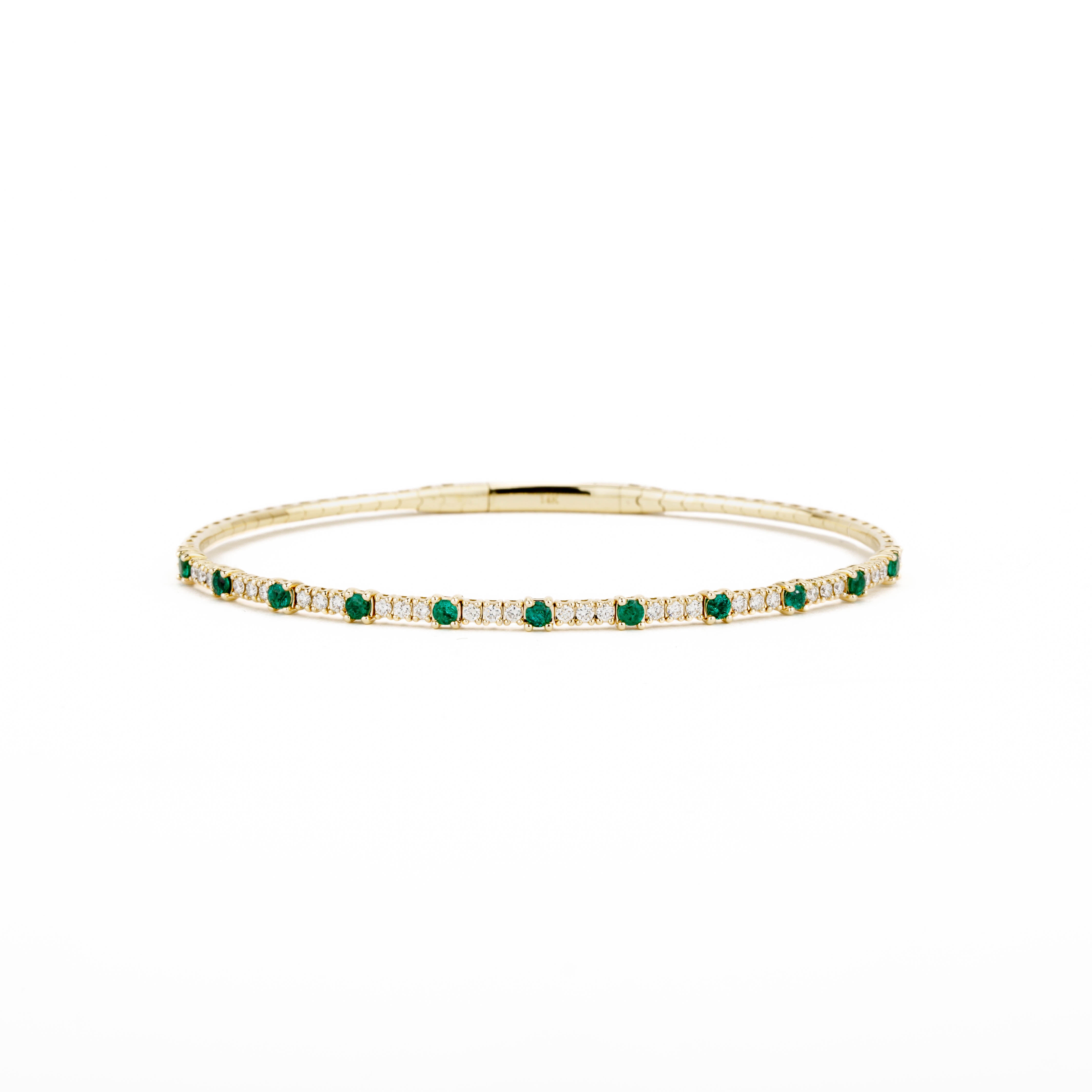 14k yellow gold alternating emerald and diamond flex bangle bracelet