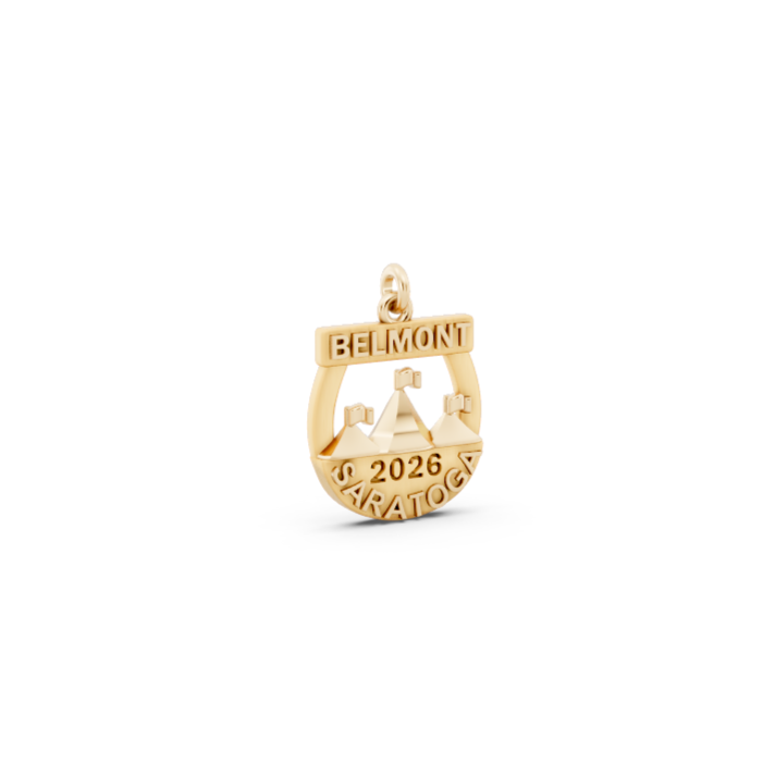 14k yellow gold limited edition 2026 Belmont at Saratoga horse racing charm featuring the Saratoga Race Course entrance steeples, by deJonghe Jewelry