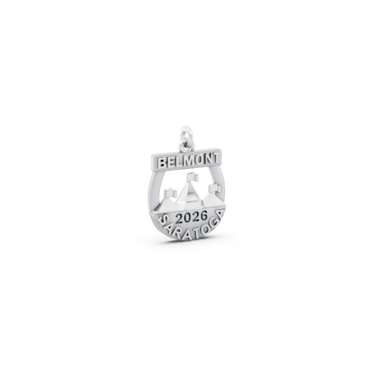 Sterling silver limited edition 2026 Belmont at Saratoga horse racing charm featuring the Saratoga Race Course entrance steeples, by deJonghe Jewelry