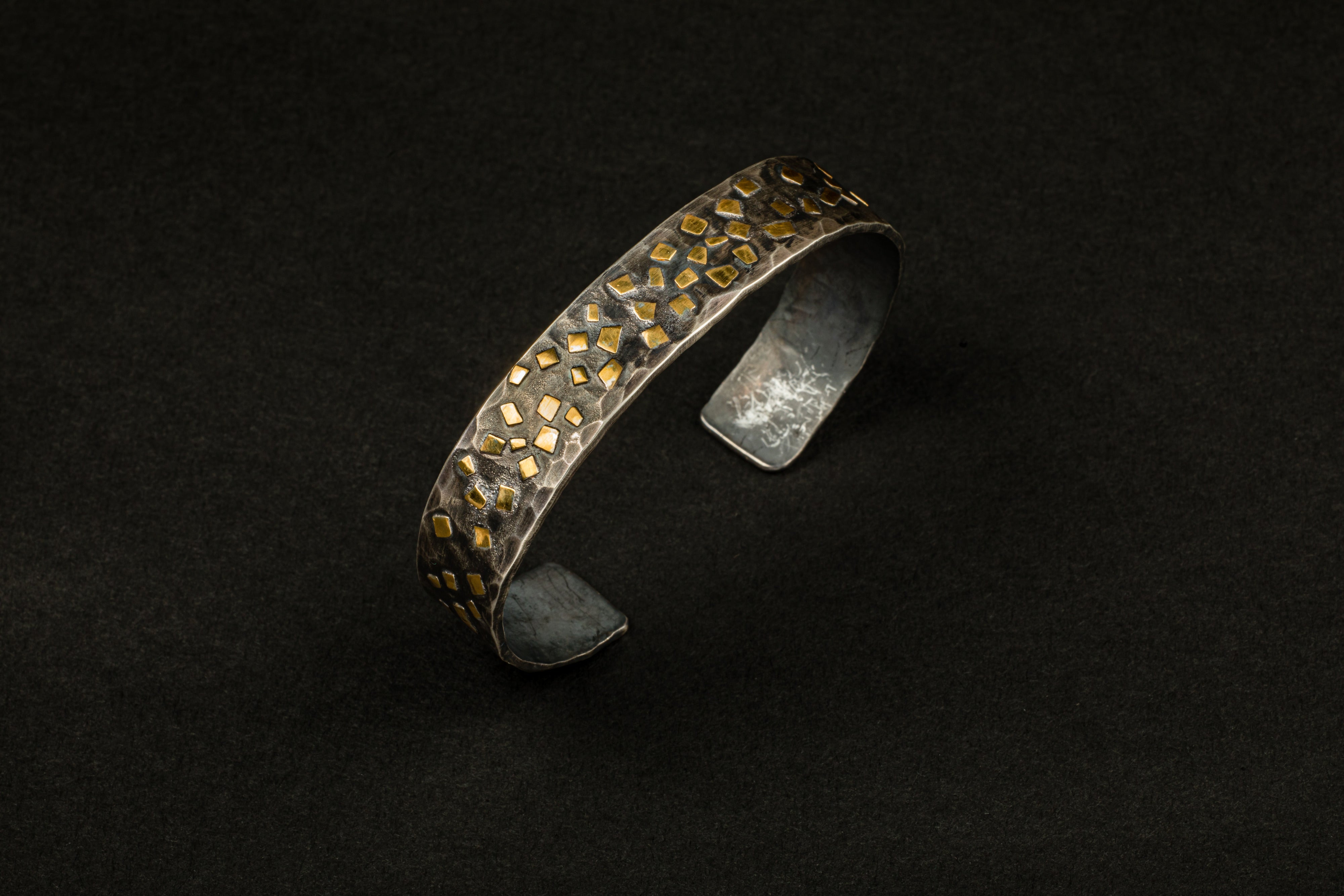 Oxidized sterling silver cuff bracelet with scattered 22K yellow gold flakes