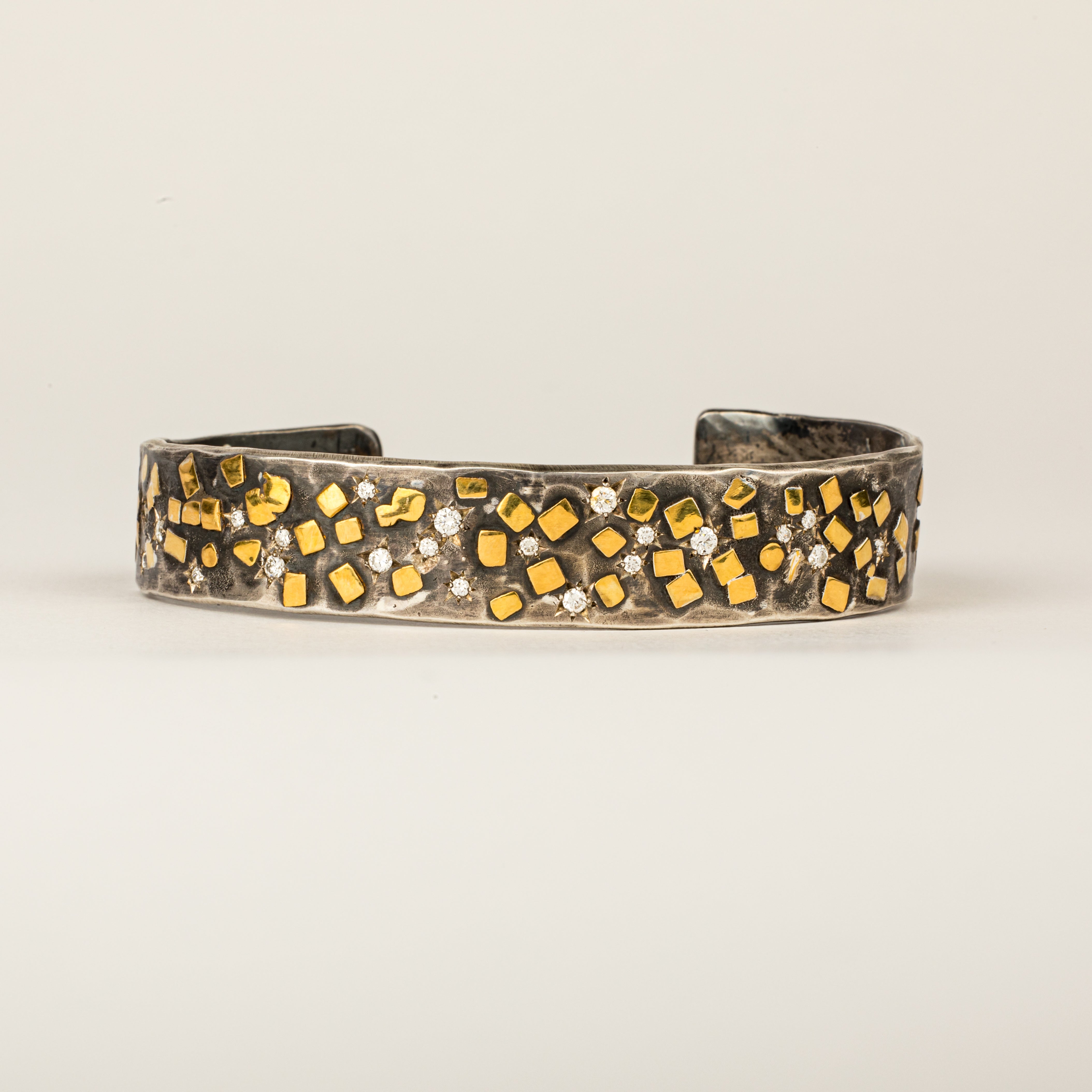 Oxidized sterling silver cuff bracelet with scattered 22K yellow gold flake accents and 24 star-set diamonds