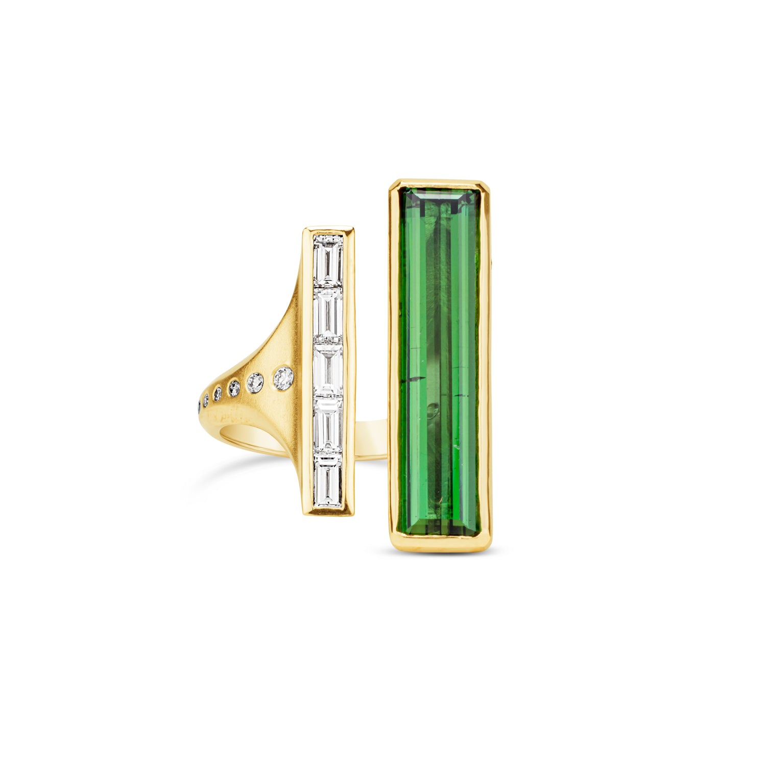 Green tourmaline and diamond cocktail ring in 14k yellow gold with asymmetric design