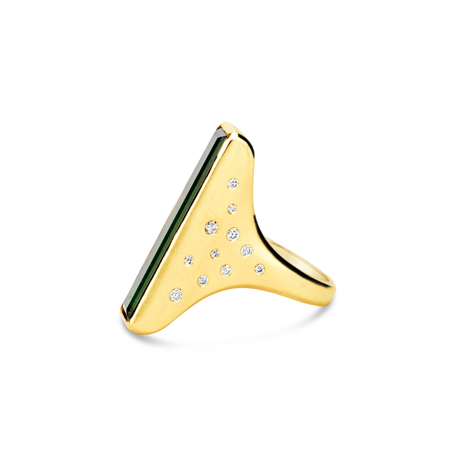 Green tourmaline and diamond cocktail ring in 14k yellow gold with asymmetric design