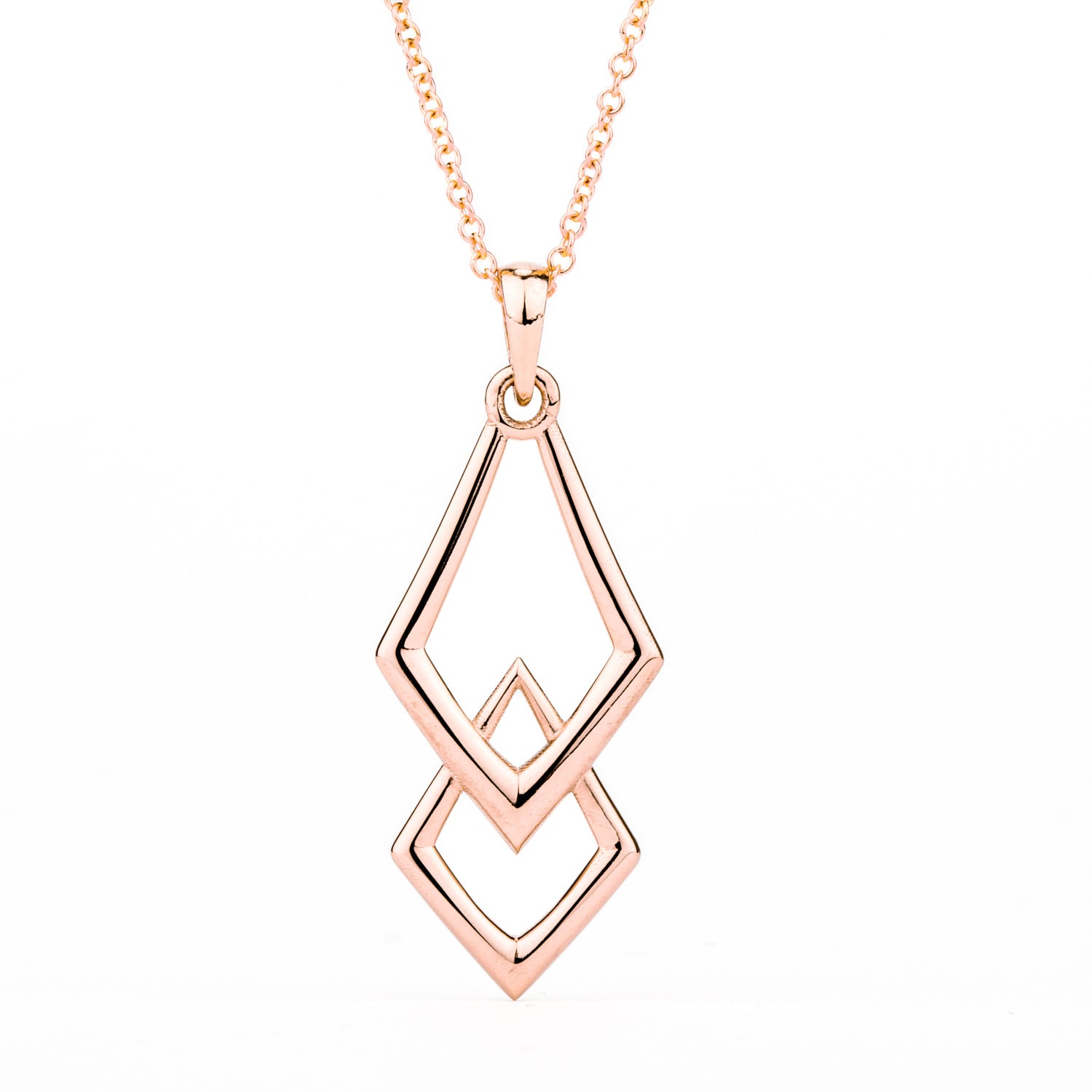 14k rose gold geometric chevron pendant necklace with layered diamond