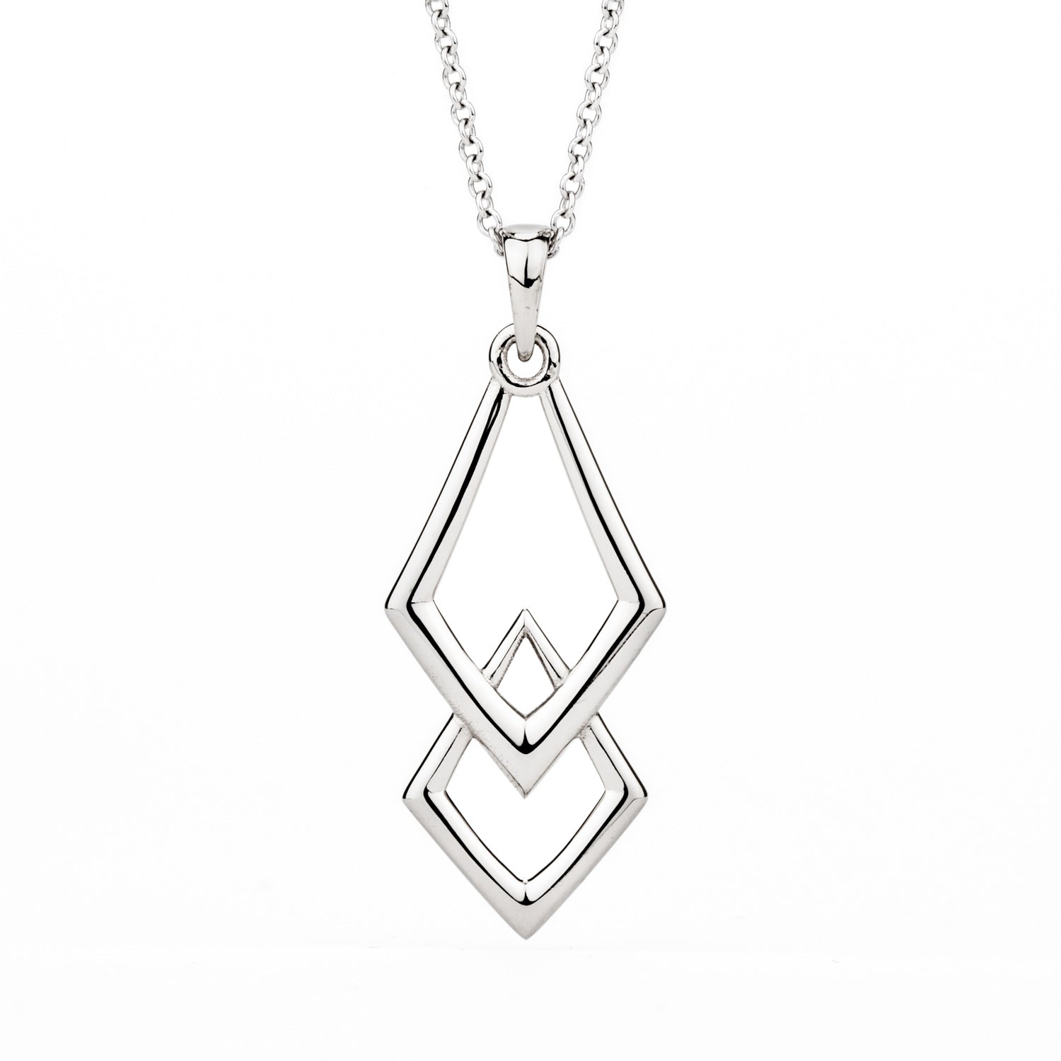  14k white gold geometric chevron pendant necklace with layered diamond shapes