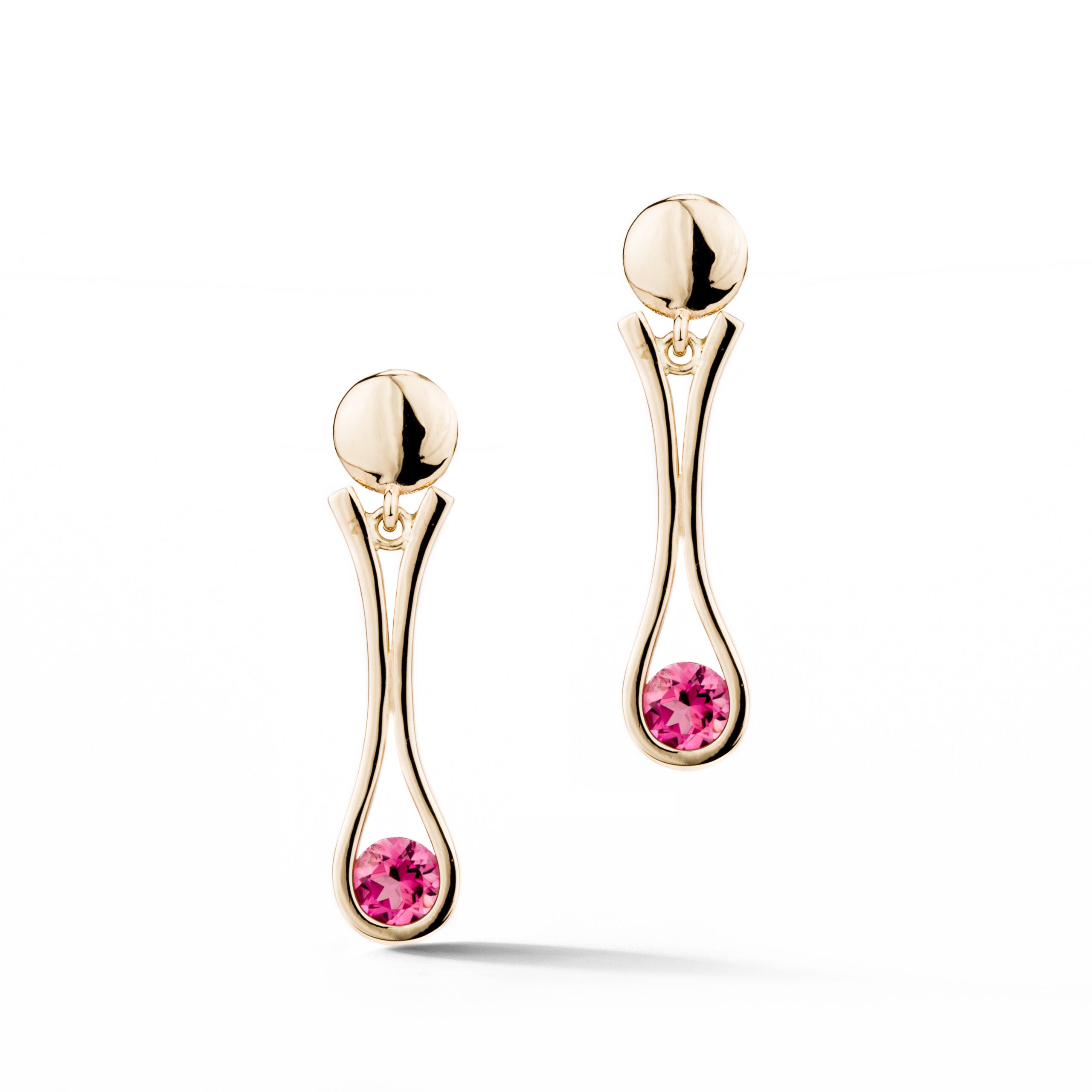 Pink Tourmaline teardrop drop earrings in 14k yellow gold