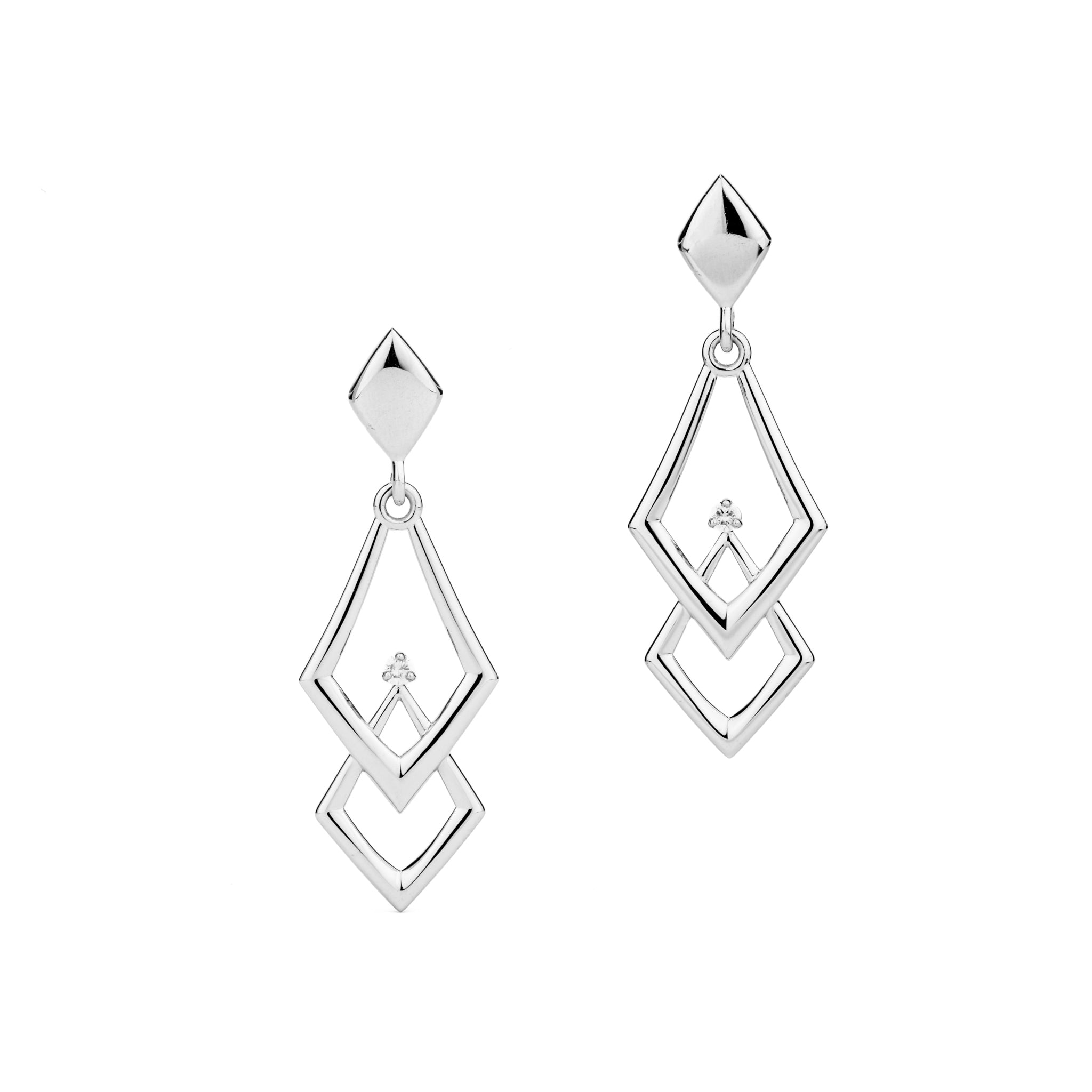 White gold chevron drop earrings with diamond accents and geometric open frame design with post backs