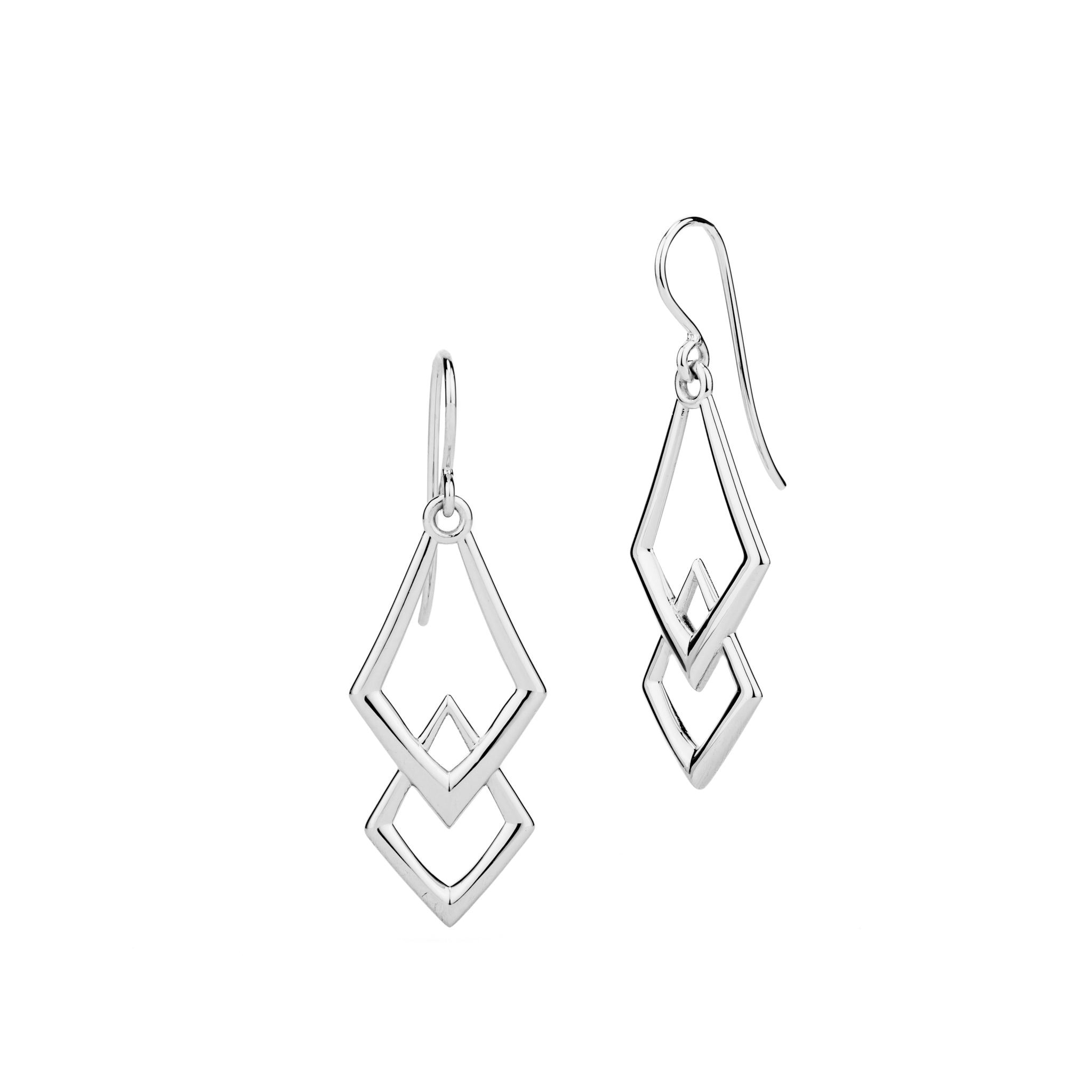 14k white gold chevron drop earrings with geometric diamond shapes and French wire hooks