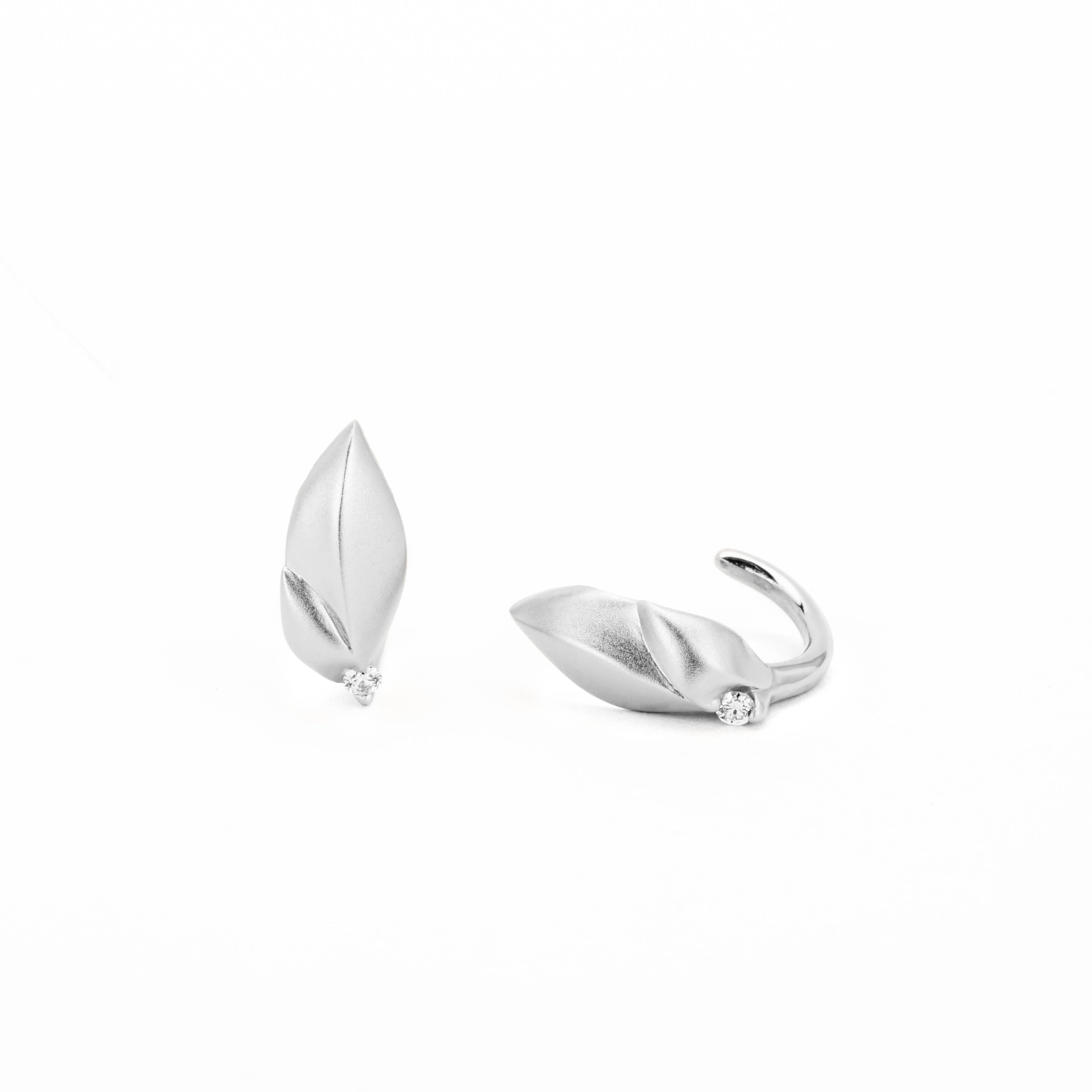 Laurel leaf diamond huggie stud earrings in 14k white gold with a satin finish