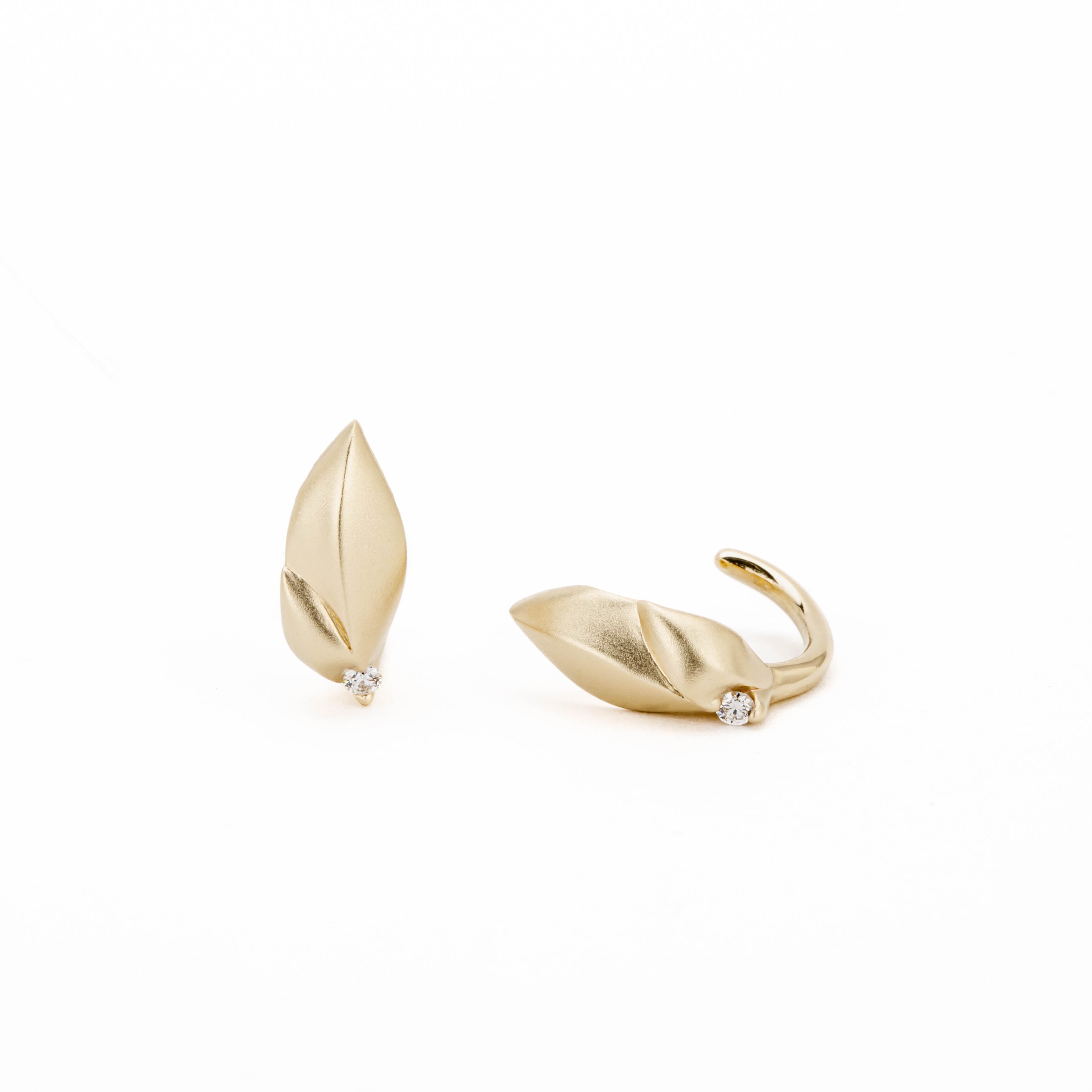 Laurel leaf diamond huggie stud earrings with a satin finish in 14k yellow gold 