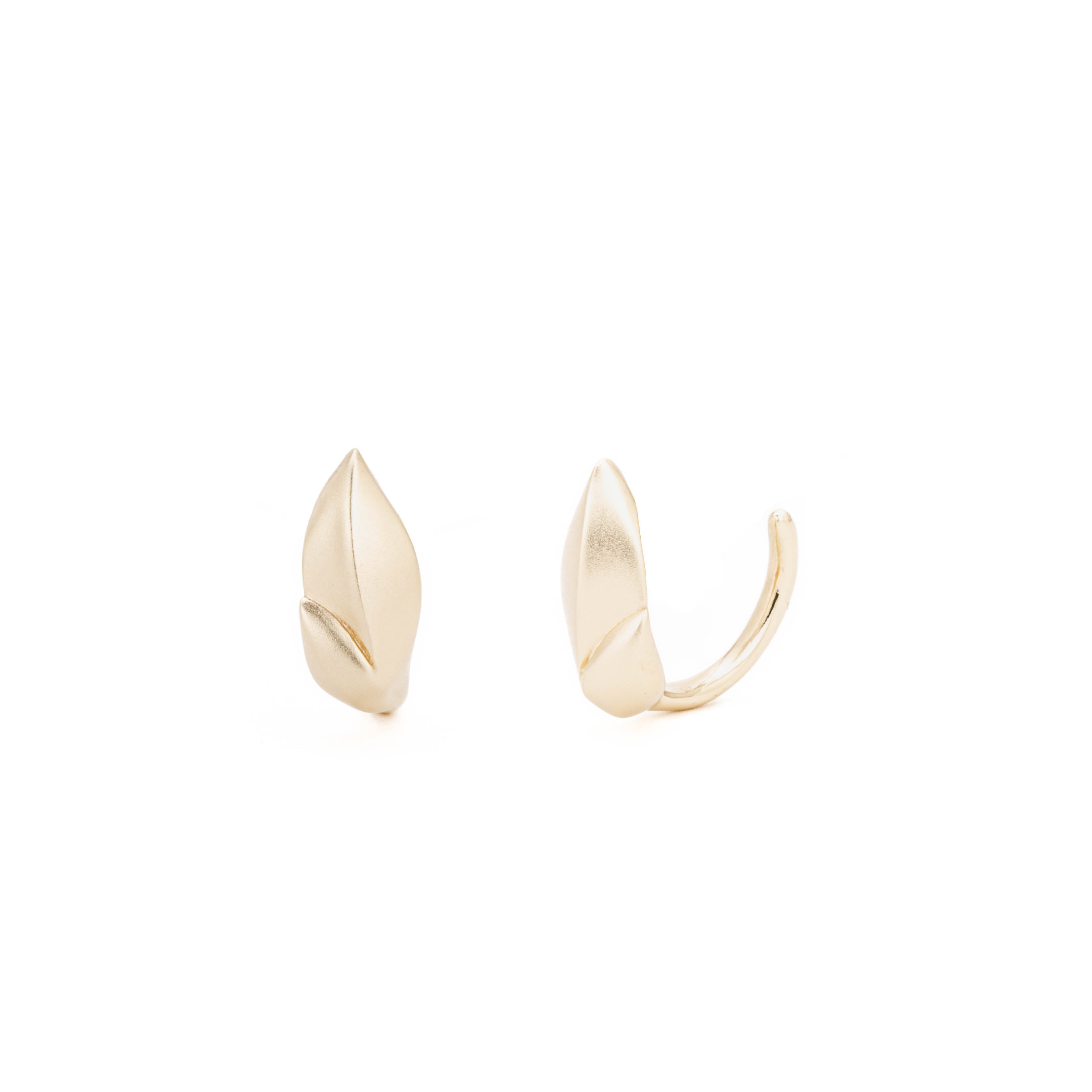 Laurel leaf huggie stud earrings with a satin finish in 14k yellow gold 