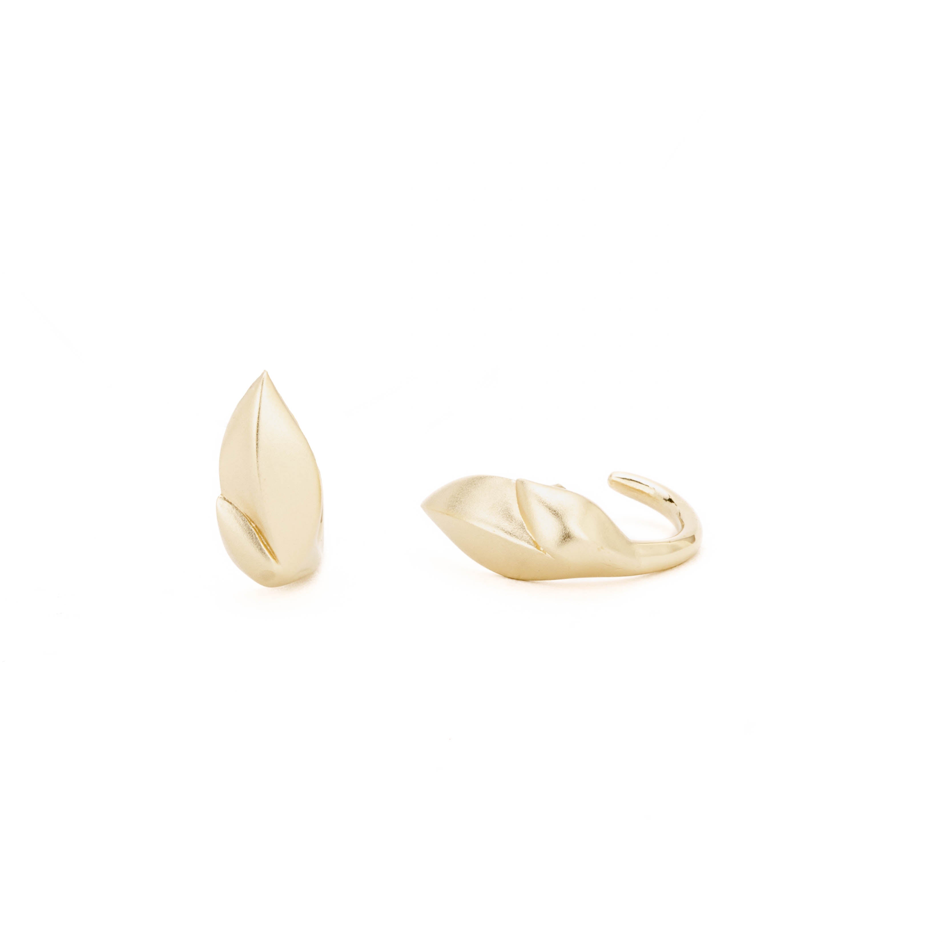 Laurel leaf huggie stud earrings with a satin finish in 14k yellow gold 