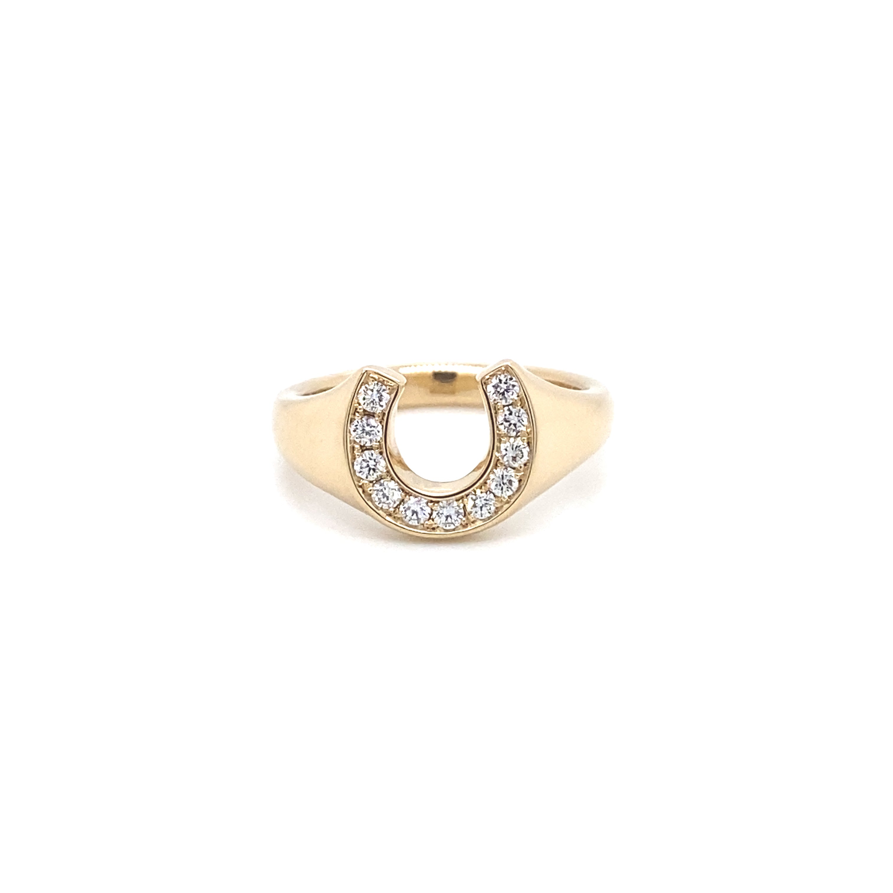 14k yellow gold horseshoe ring with pave diamond detail from our exclusive Equestrian Collection