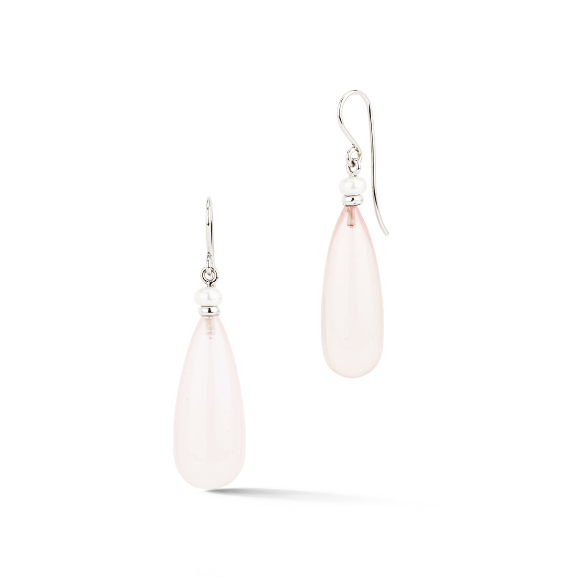 Pair of 14k white gold earrings with polished rose quartz drops and freshwater pearl accents