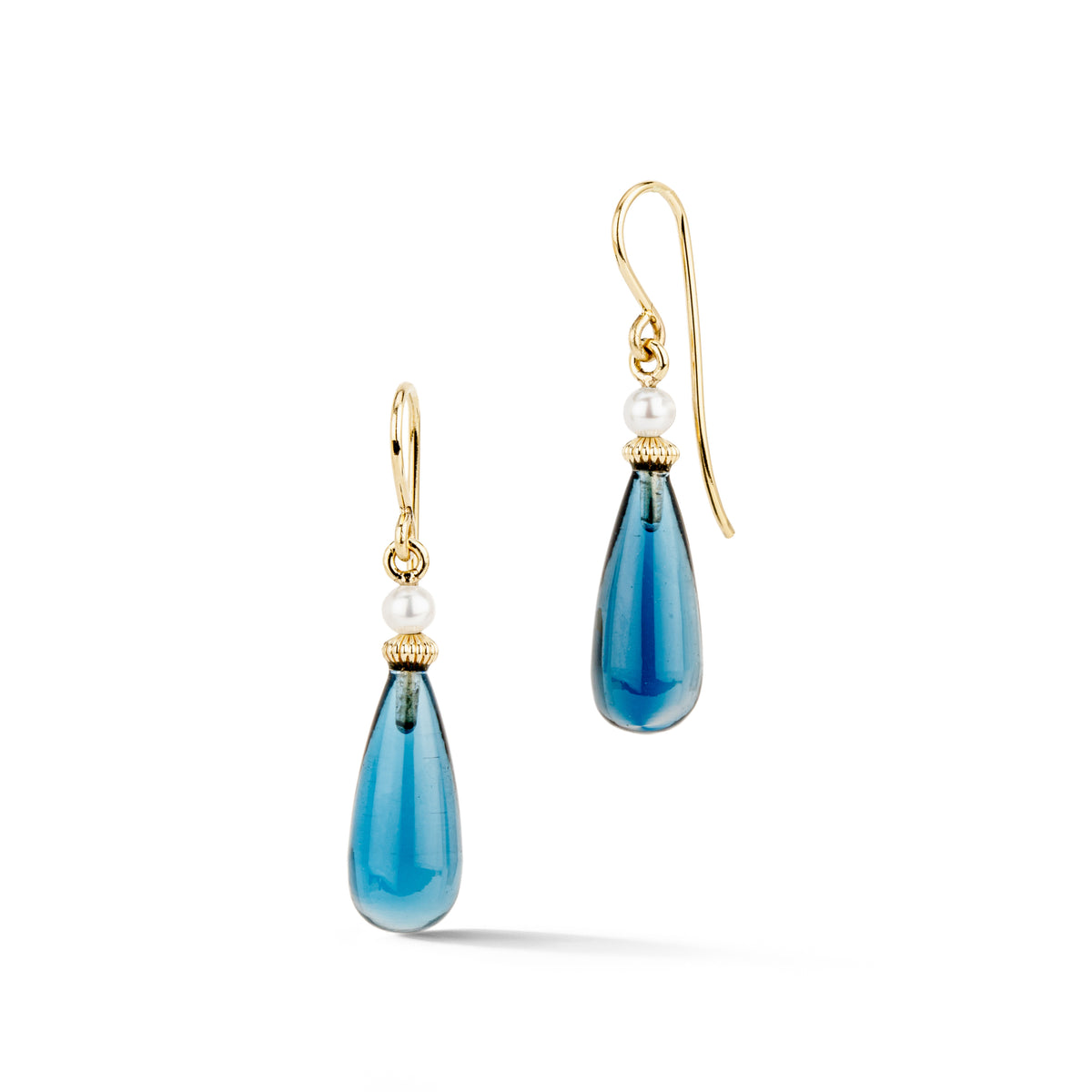 Pair of 14k yellow gold earrings with polished blue topaz drops, freshwater pearls, and gold saucer beads