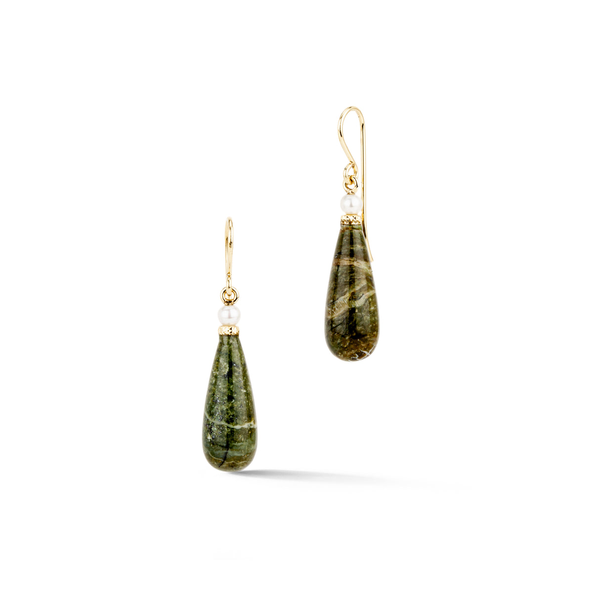 Pair of 14k yellow gold earrings with polished green opal drops, freshwater pearls, and faceted gold rondels