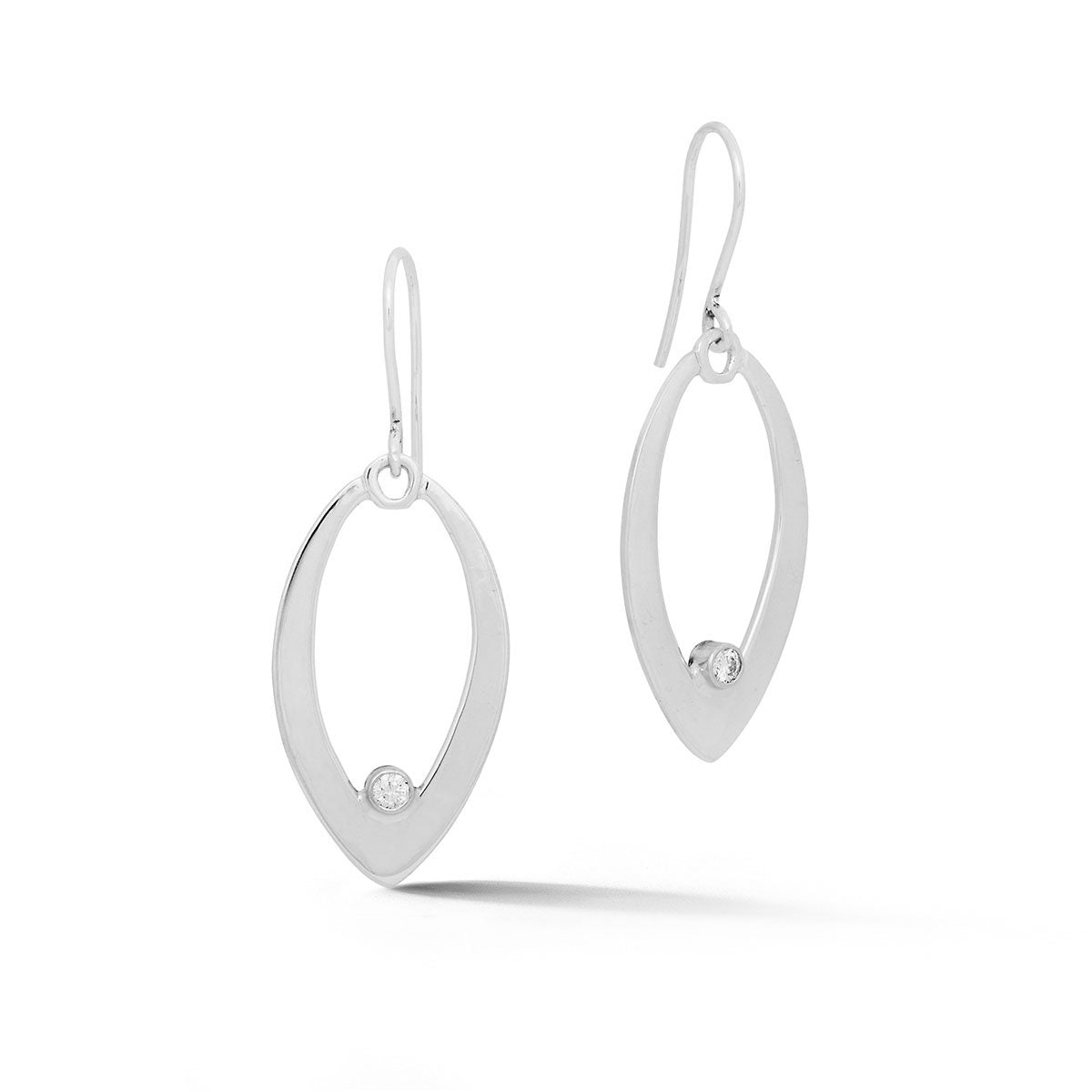 14K white gold marquise shaped dangle earrings with bezel set diamonds