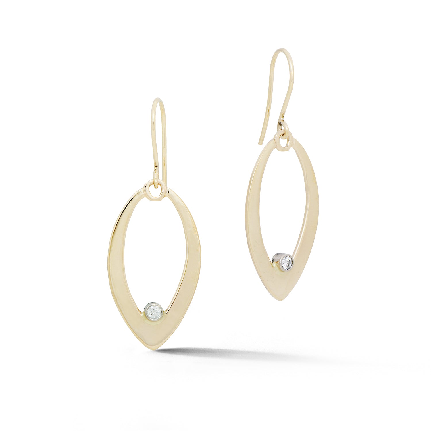 14K yellow gold marquise shaped dangle earrings with bezel set diamonds