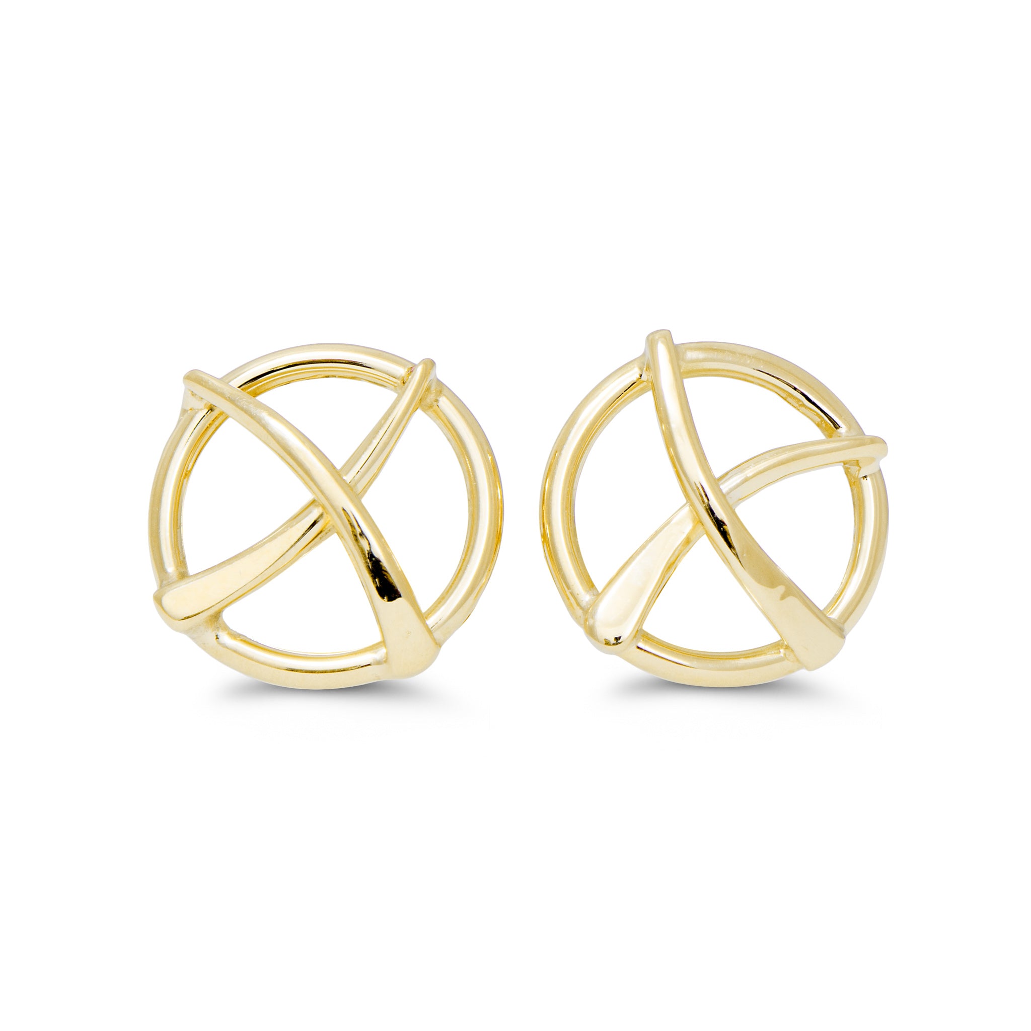 XO hugs and kisses stud earrings in 14k yellow gold with circular frames and crossed X