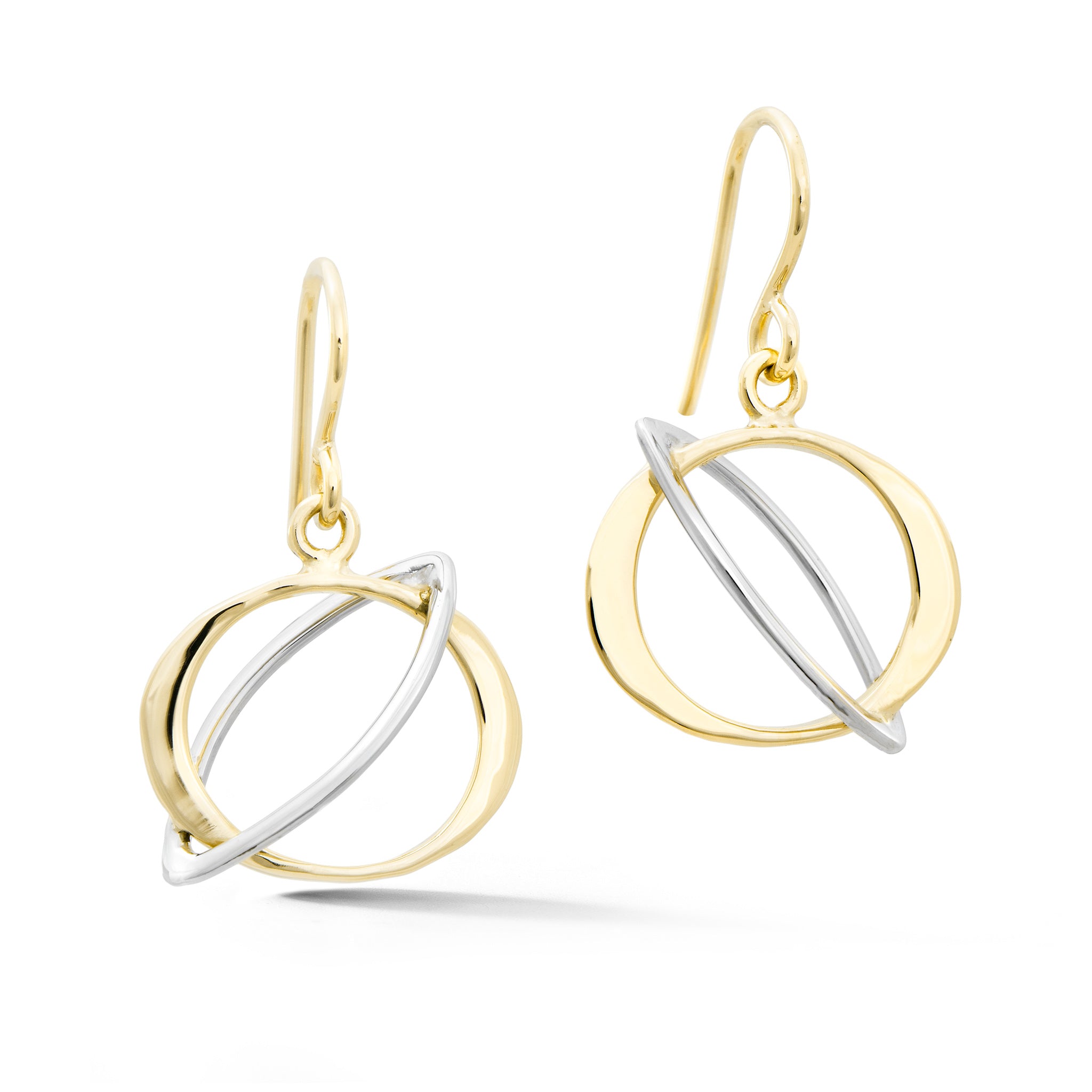 Orbit earrings in 14k white and yellow gold with circular frames and intersecting arcs on French wire hooks