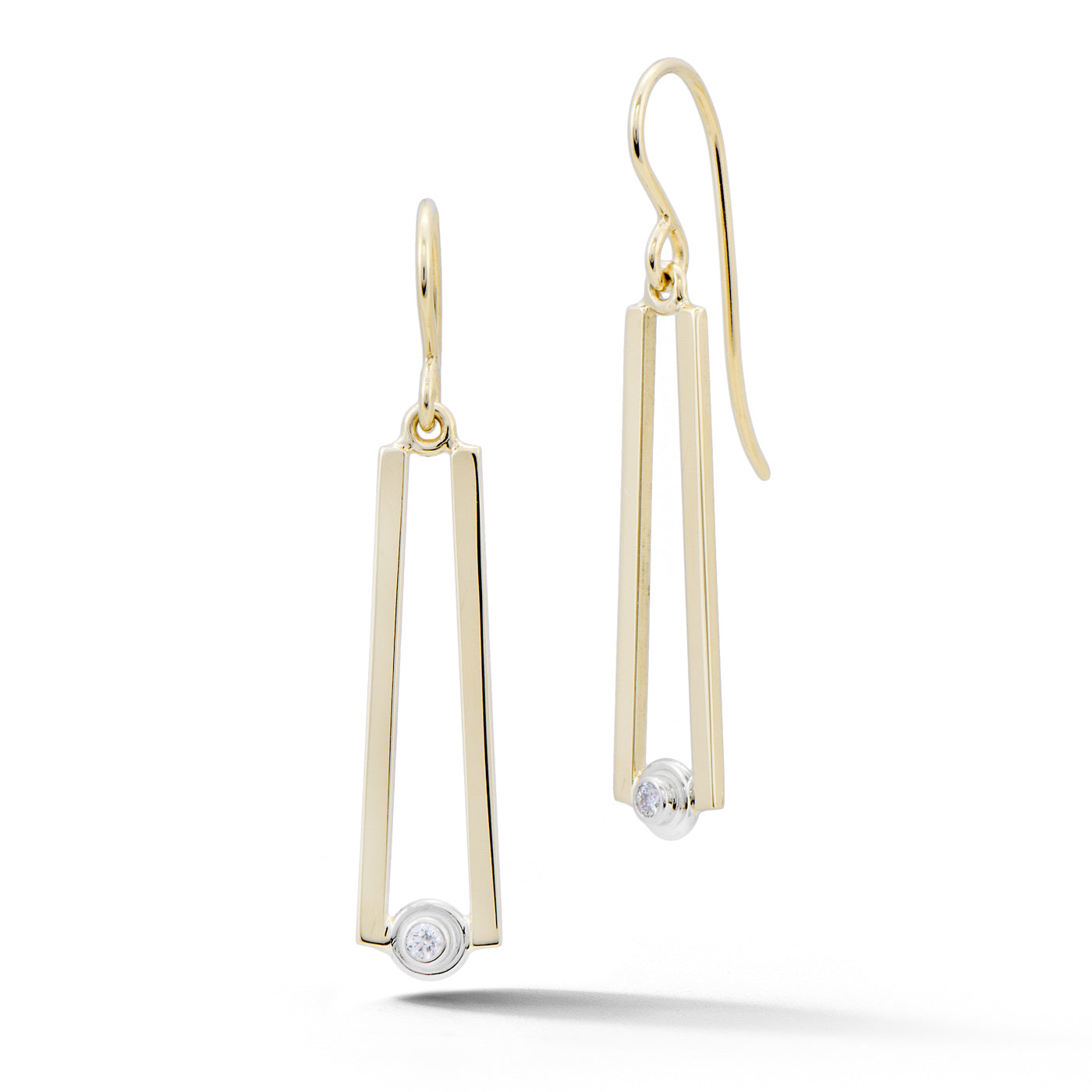 14k yellow gold tapered drop earrings with bezel set diamonds 
