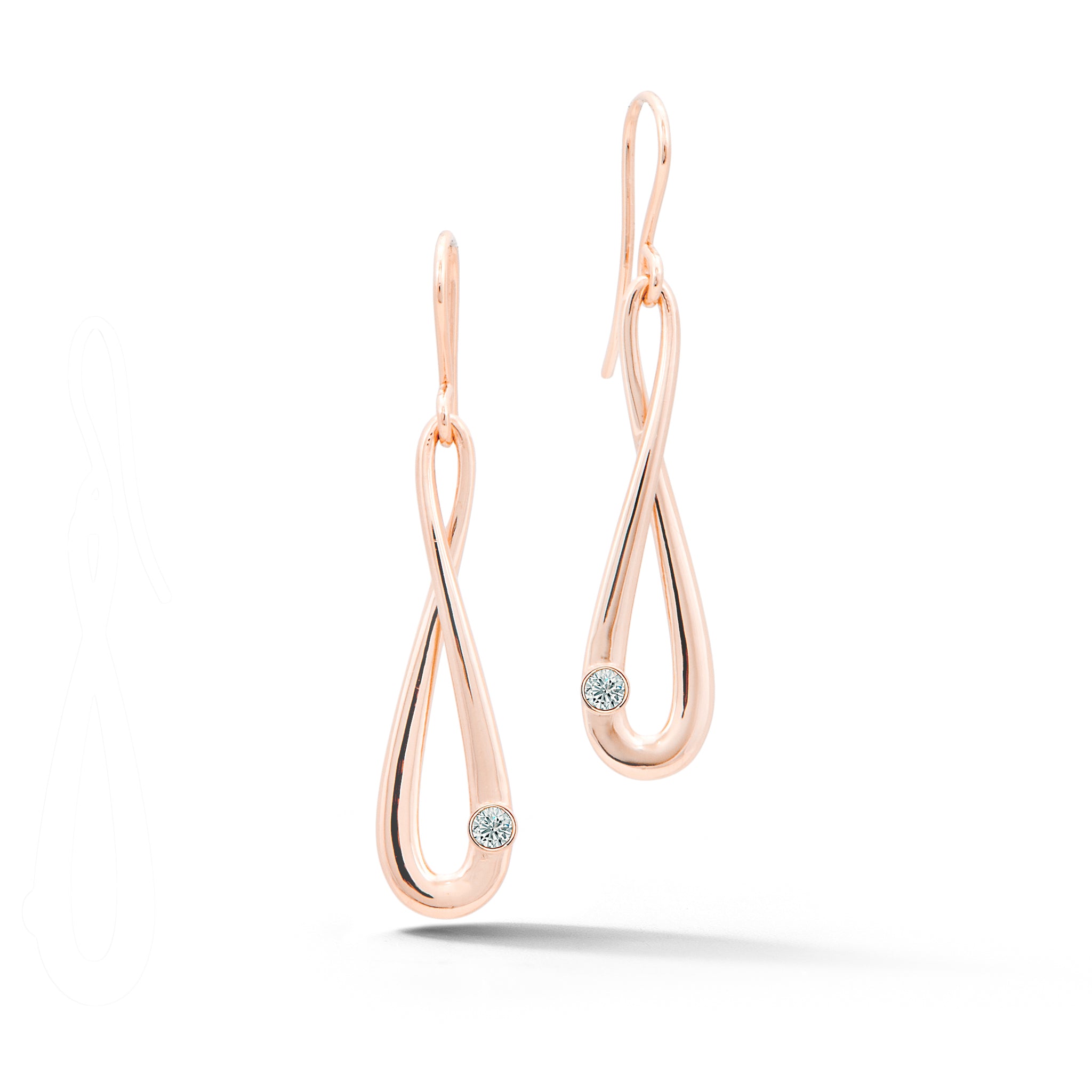 14k rose gold infinity drop earrings with french wire backs and bezel set diamonds