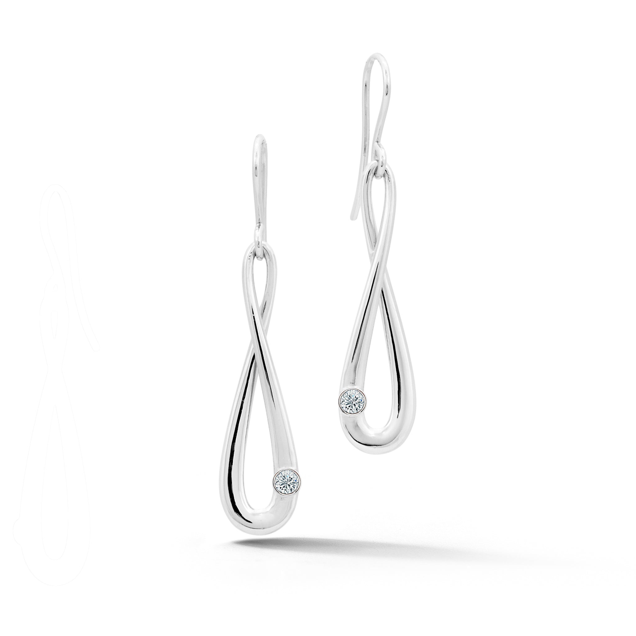 14k white gold infinity drop earrings with french wire backs and bezel set diamonds
