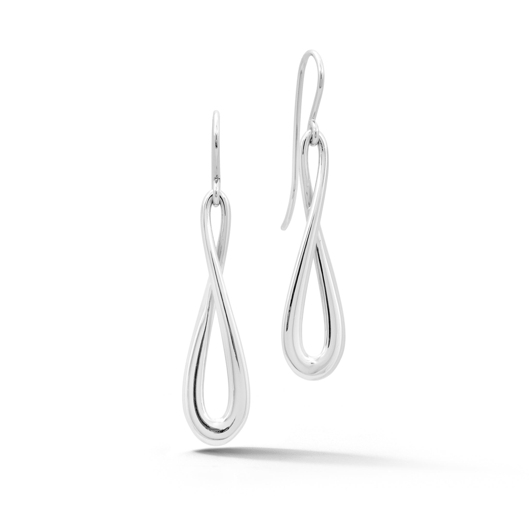 14k white gold infinity drop earrings with twisted teardrop design and French wire backs