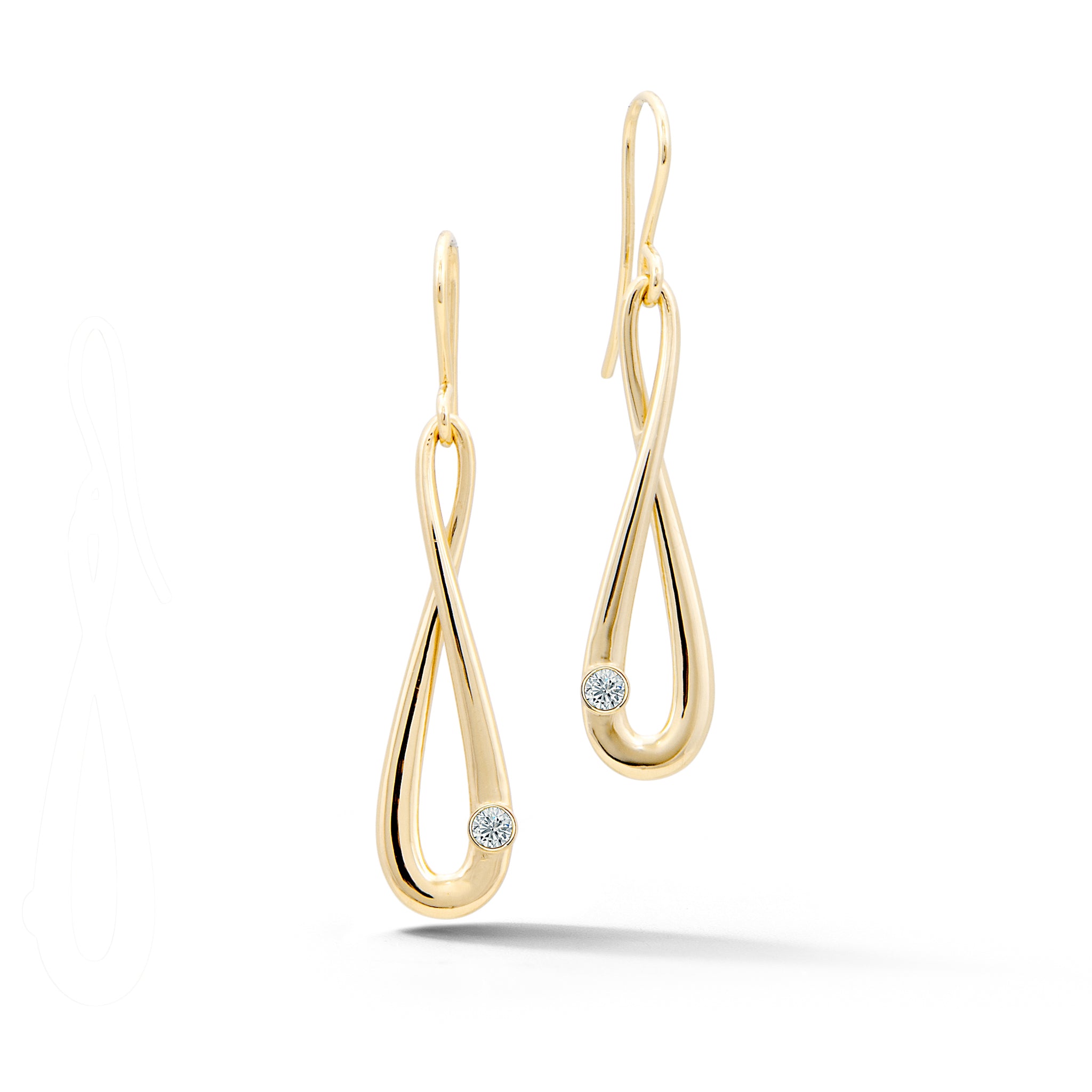 14k yellow gold infinity drop earrings with french wire backs and bezel set diamonds