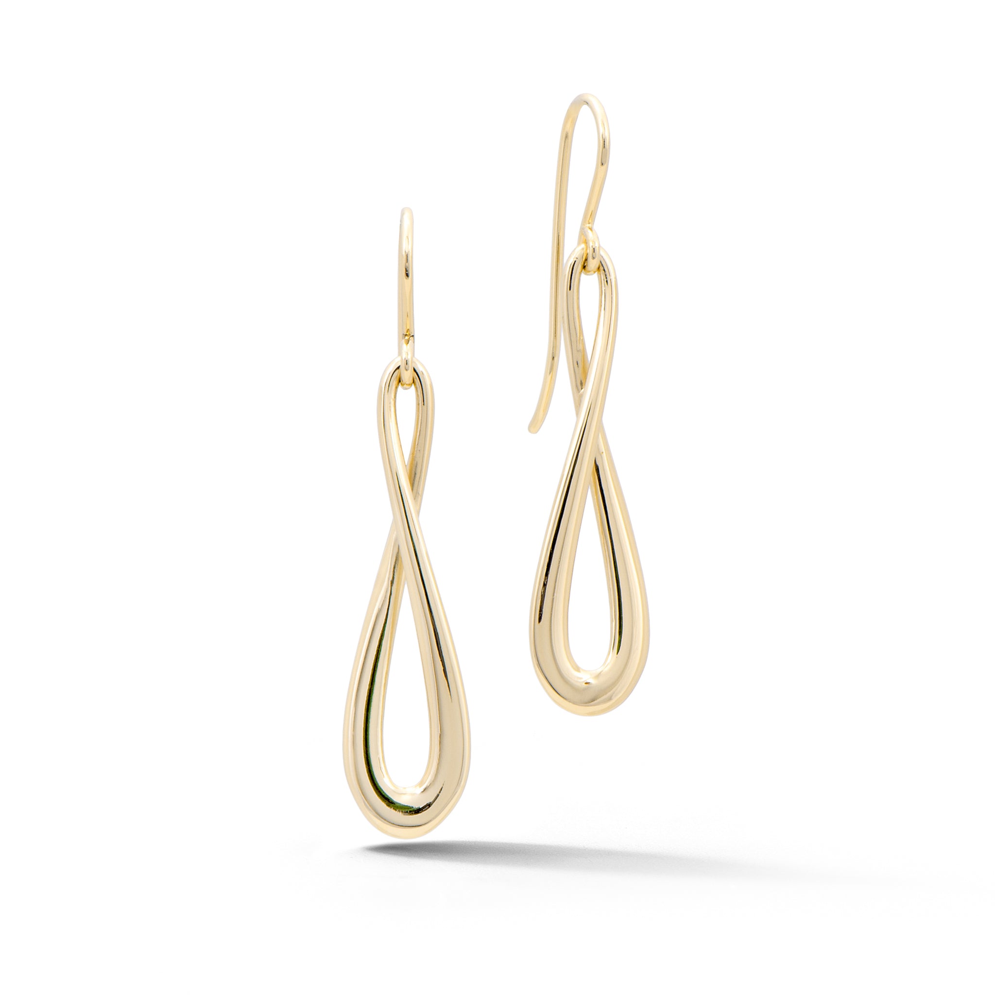 14k yellow gold infinity drop earrings with twisted teardrop design and French wire backs