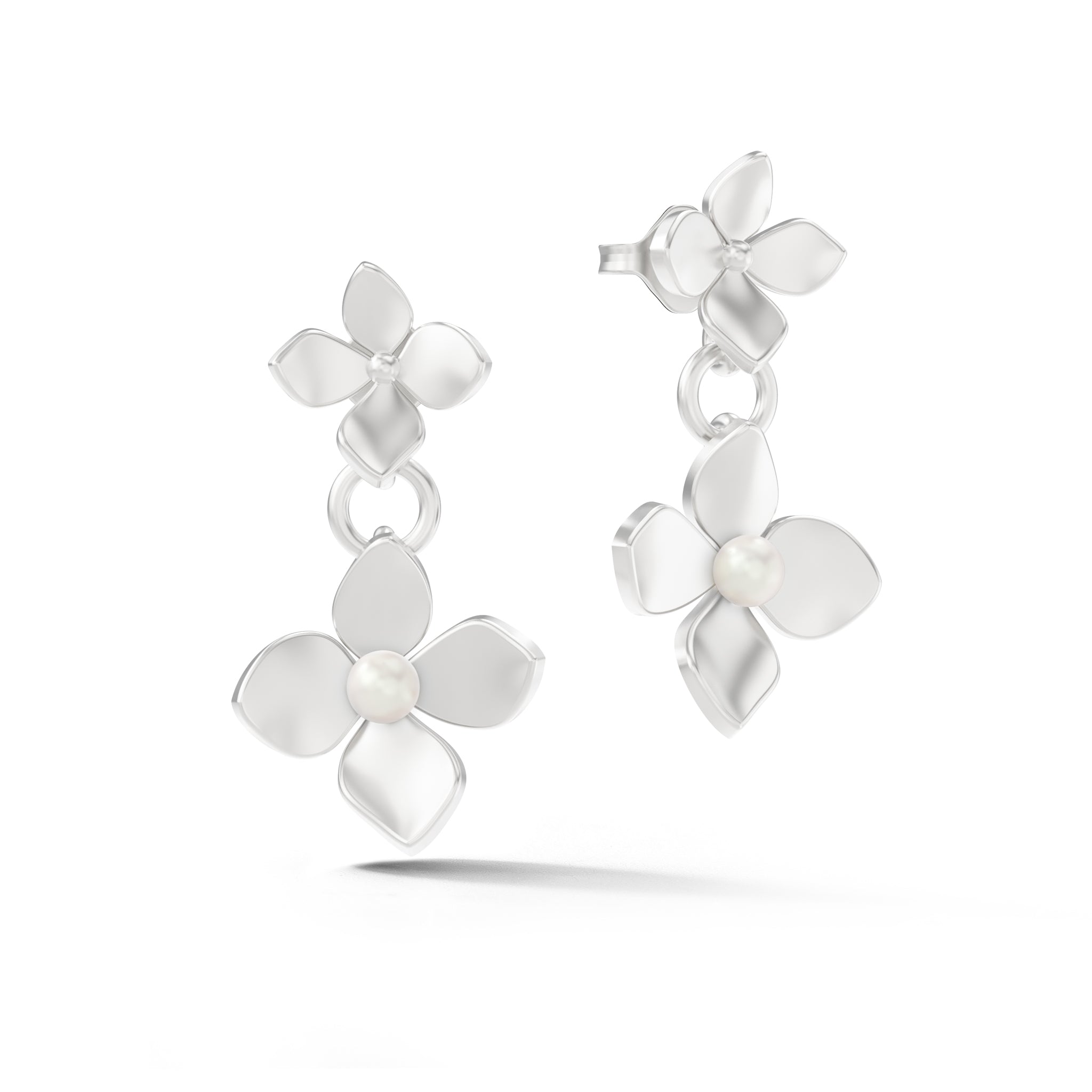 White gold flower drop earrings with pearl centers
